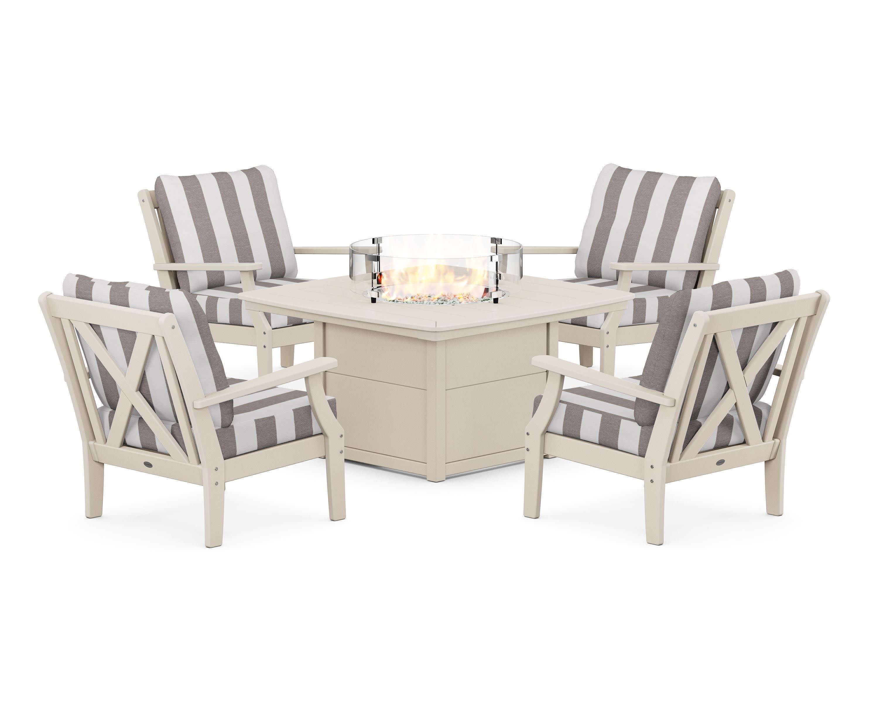 Braxton 5-Piece Deep Seating Conversation Set with Fire Pit Table in Sand / Cabana Stripe Grey Mist