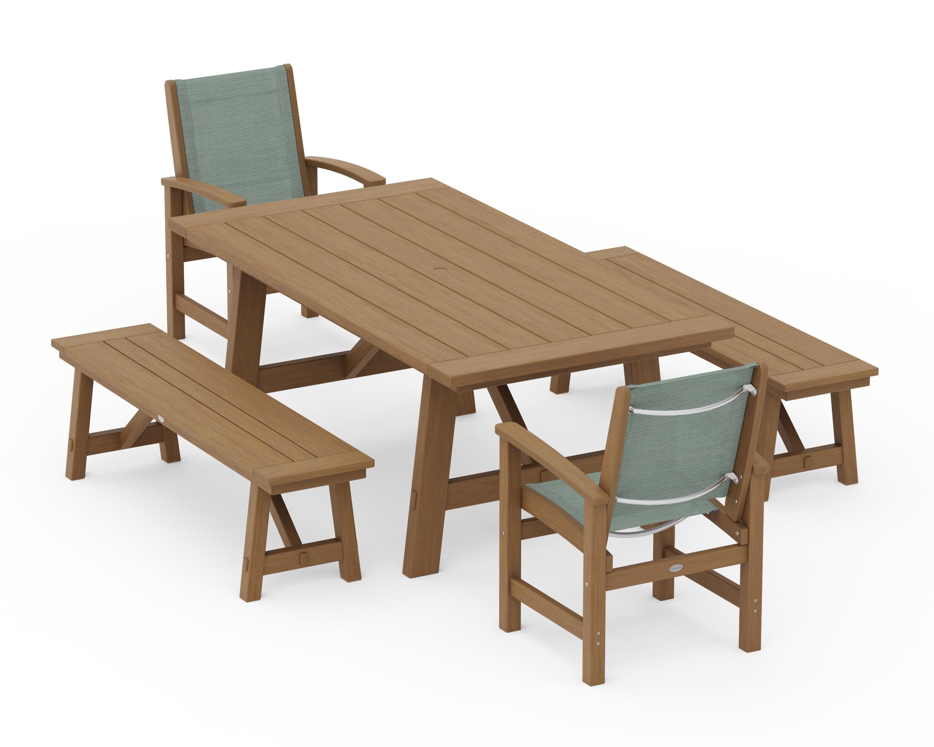 Coastal 5-Piece Rustic Farmhouse Dining Set With Benches in Natural / Dupioni Sea Mist Sling