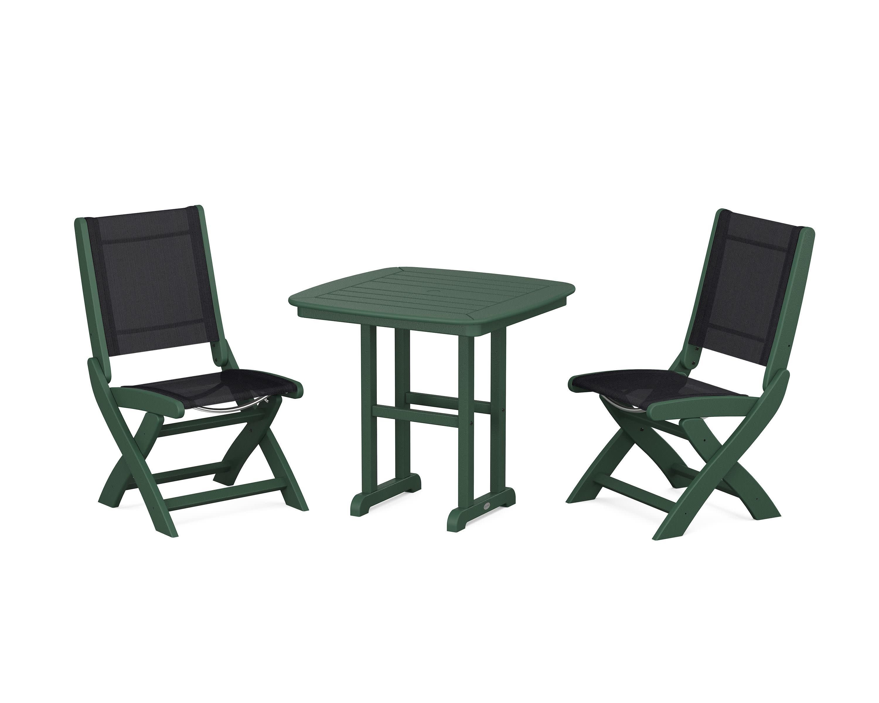 Coastal Folding Side Chair 3-Piece Dining Set in Green / Black Sling
