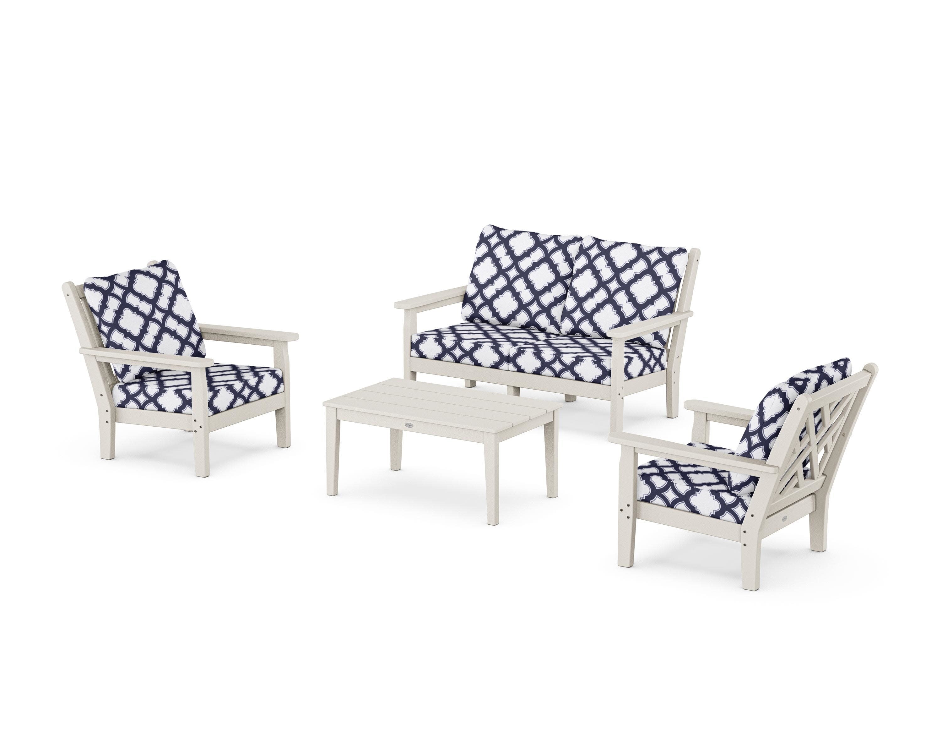 Chippendale 4-Piece Deep Seating Set with Loveseat in Sand / Trellis Navy