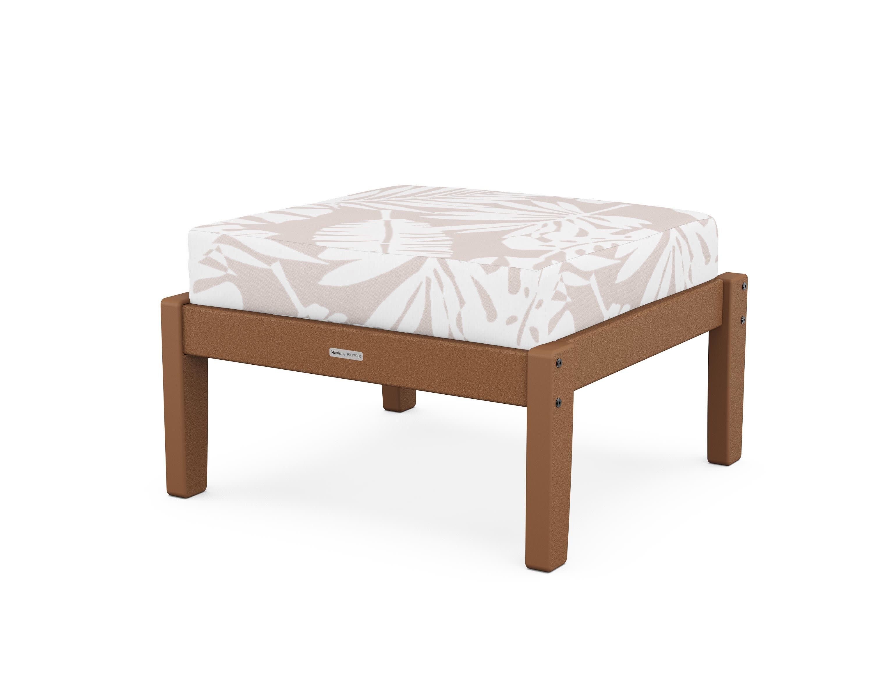 Chinoiserie Deep Seating Ottoman in Teak / Leaf Dune Burlap