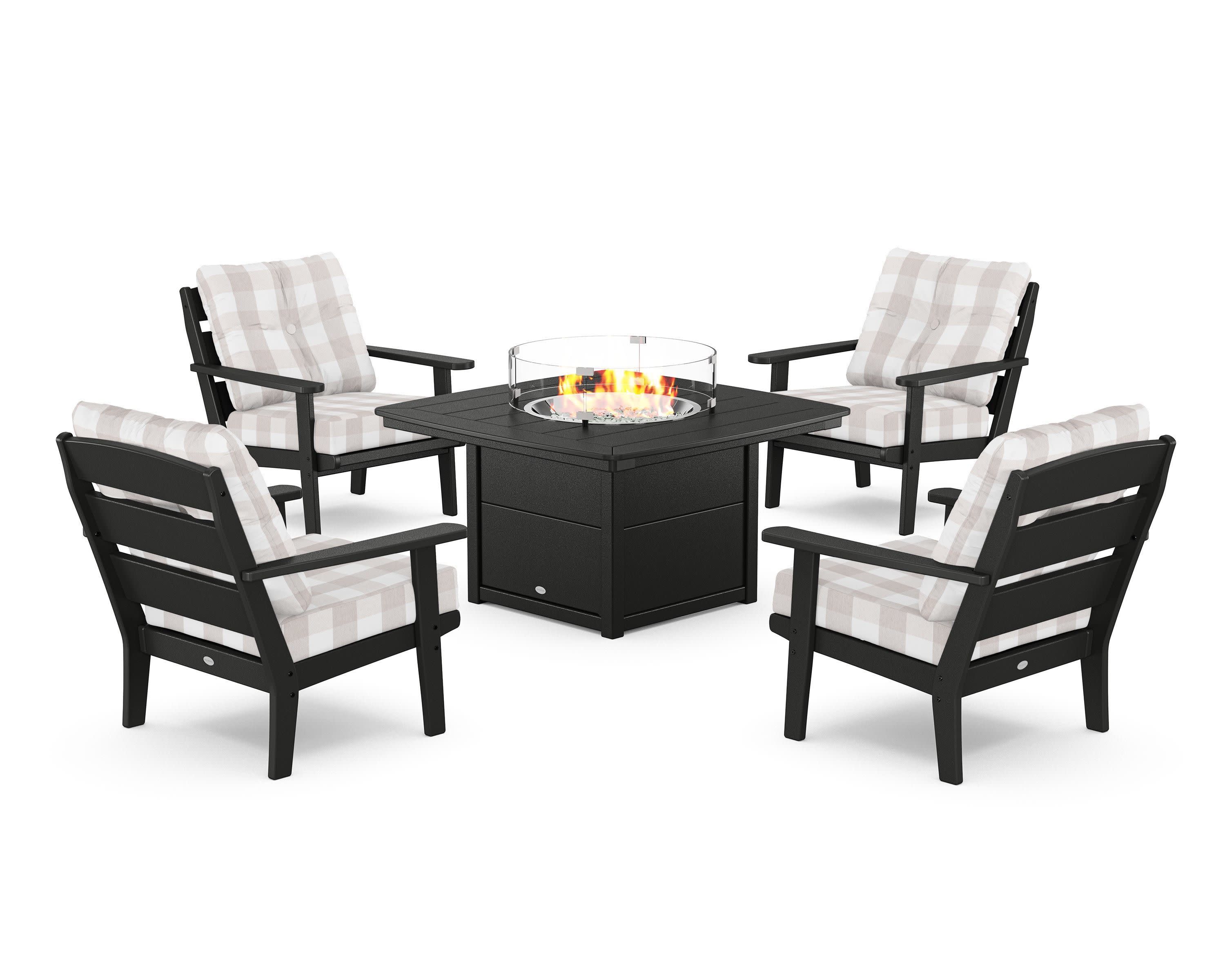 Lakeside 5-Piece Deep Seating Set with Nautical Fire Pit Table in Black / Buffalo Plaid Dune Burlap