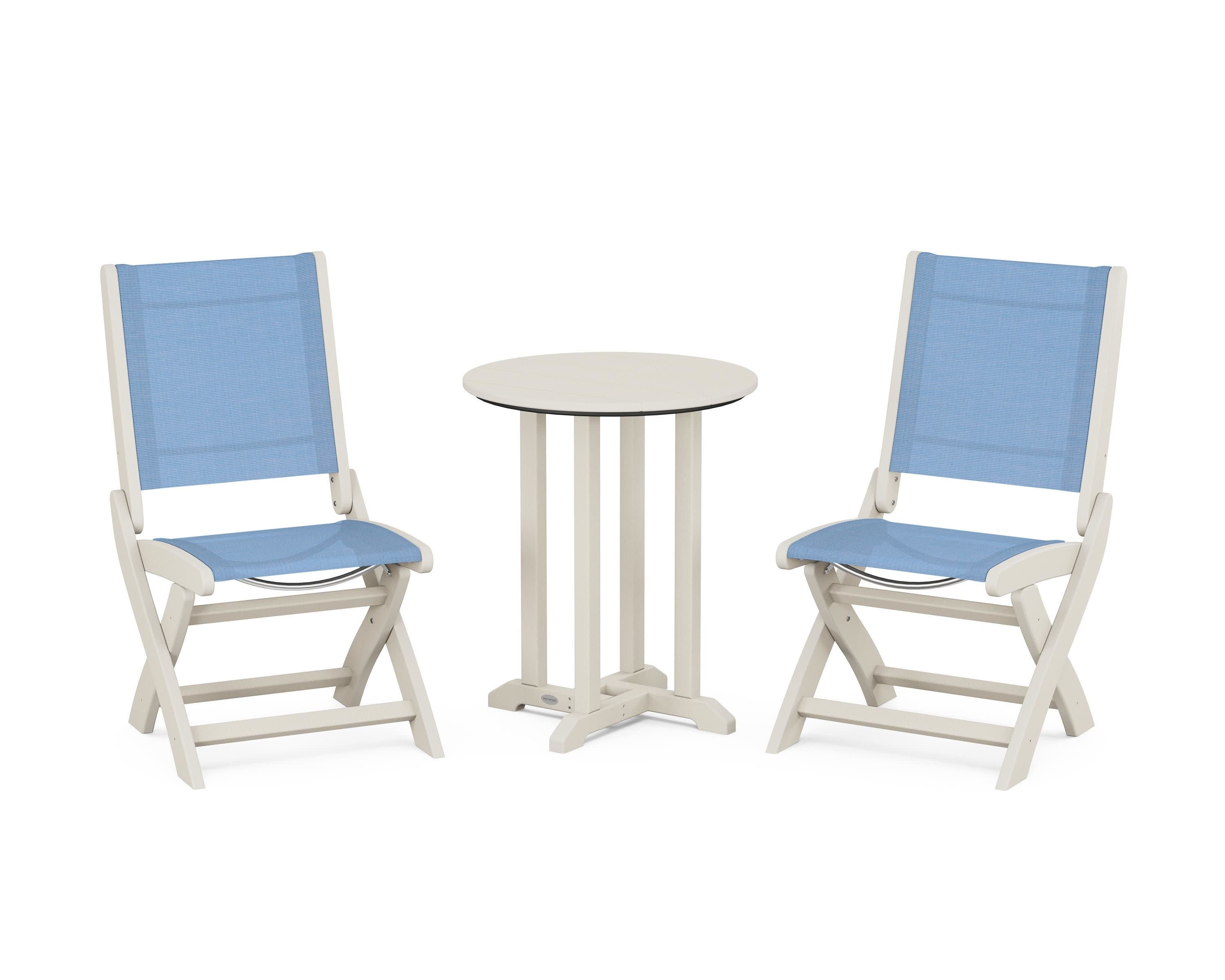 Coastal Folding Side Chair 3-Piece Round Bistro Dining Set in Sand / Poolside Sling