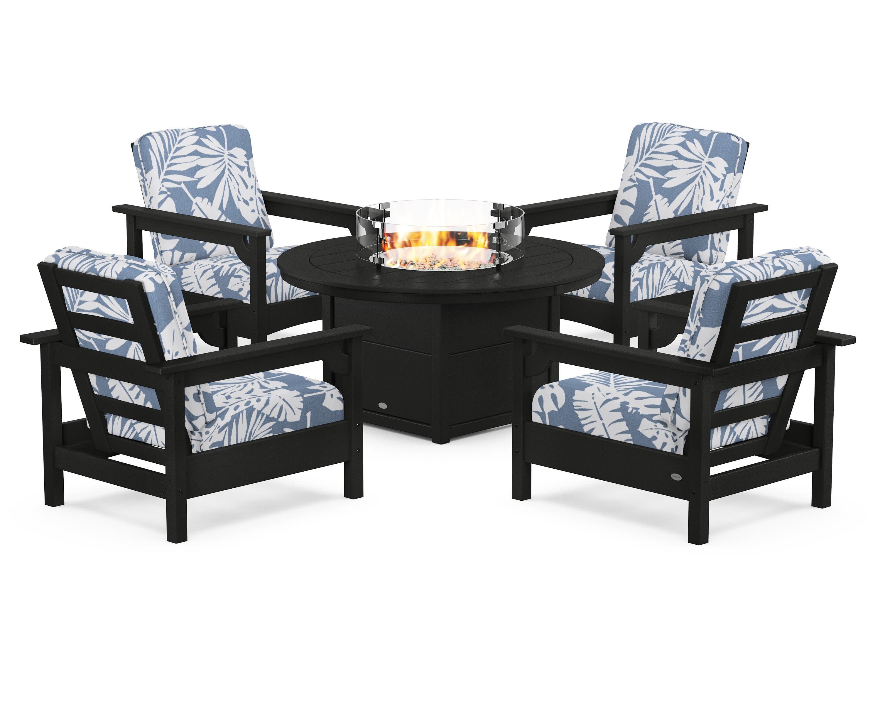 Club 5-Piece Conversation Set with Fire Pit Table in Black / Leaf Sky Blue