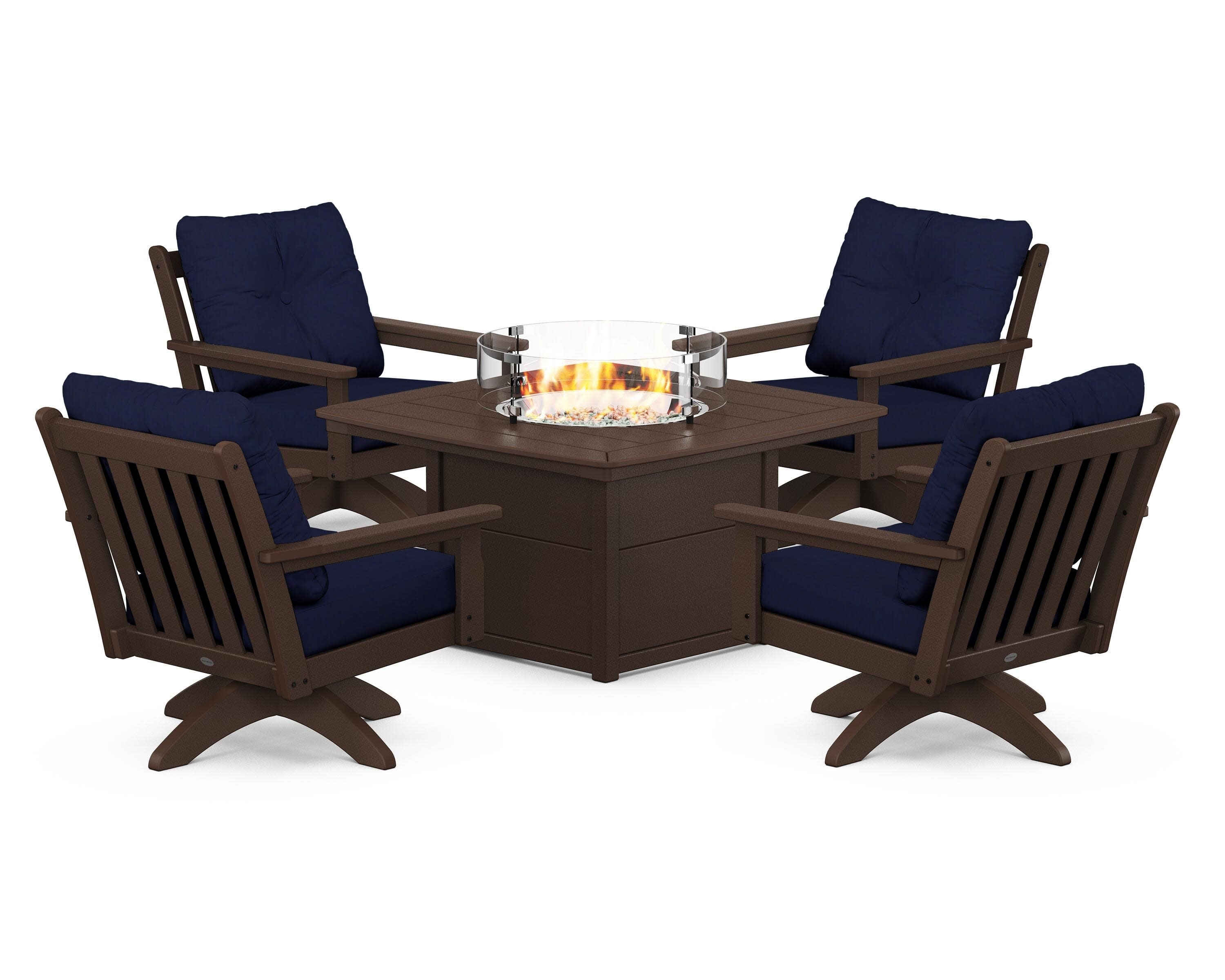 Vineyard 5-Piece Deep Seating Swivel Conversation Set with Fire Pit Table in Mahogany / Navy