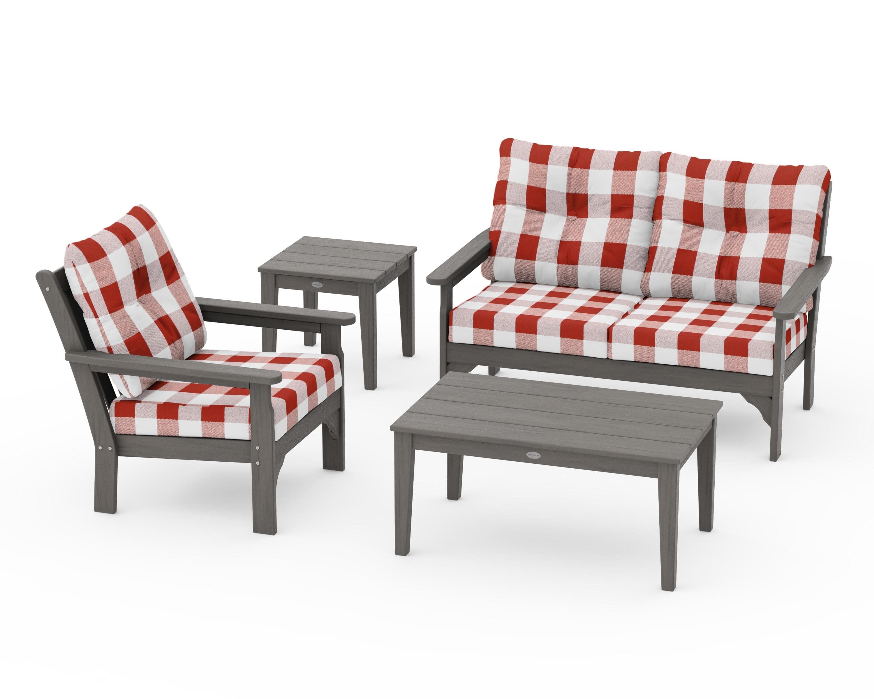 Vineyard 4-Piece Deep Seating Set in Driftwood / Buffalo Plaid Crimson