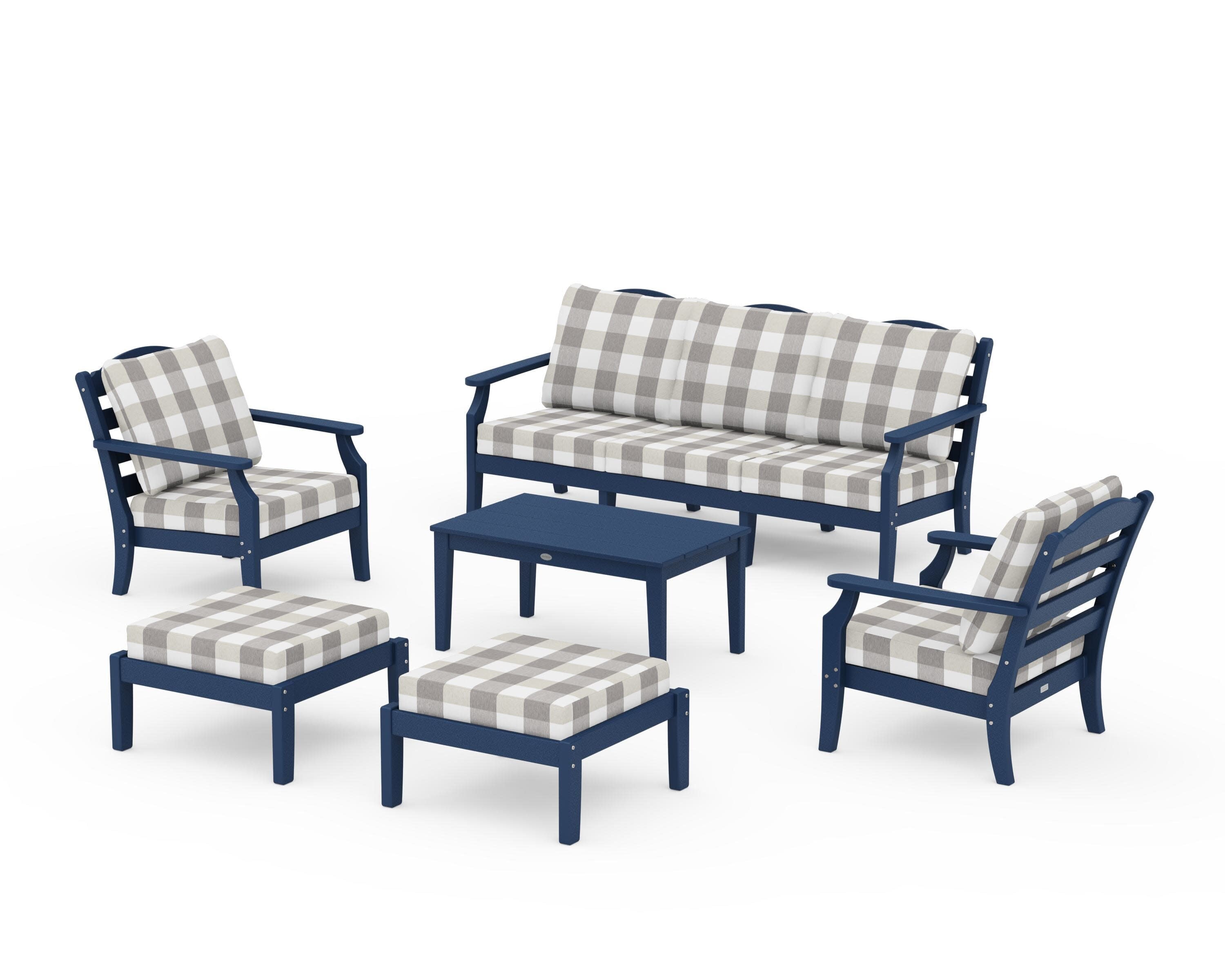 Savannah 6-Piece Lounge Sofa Set in Navy / Buffalo Plaid Grey Mist