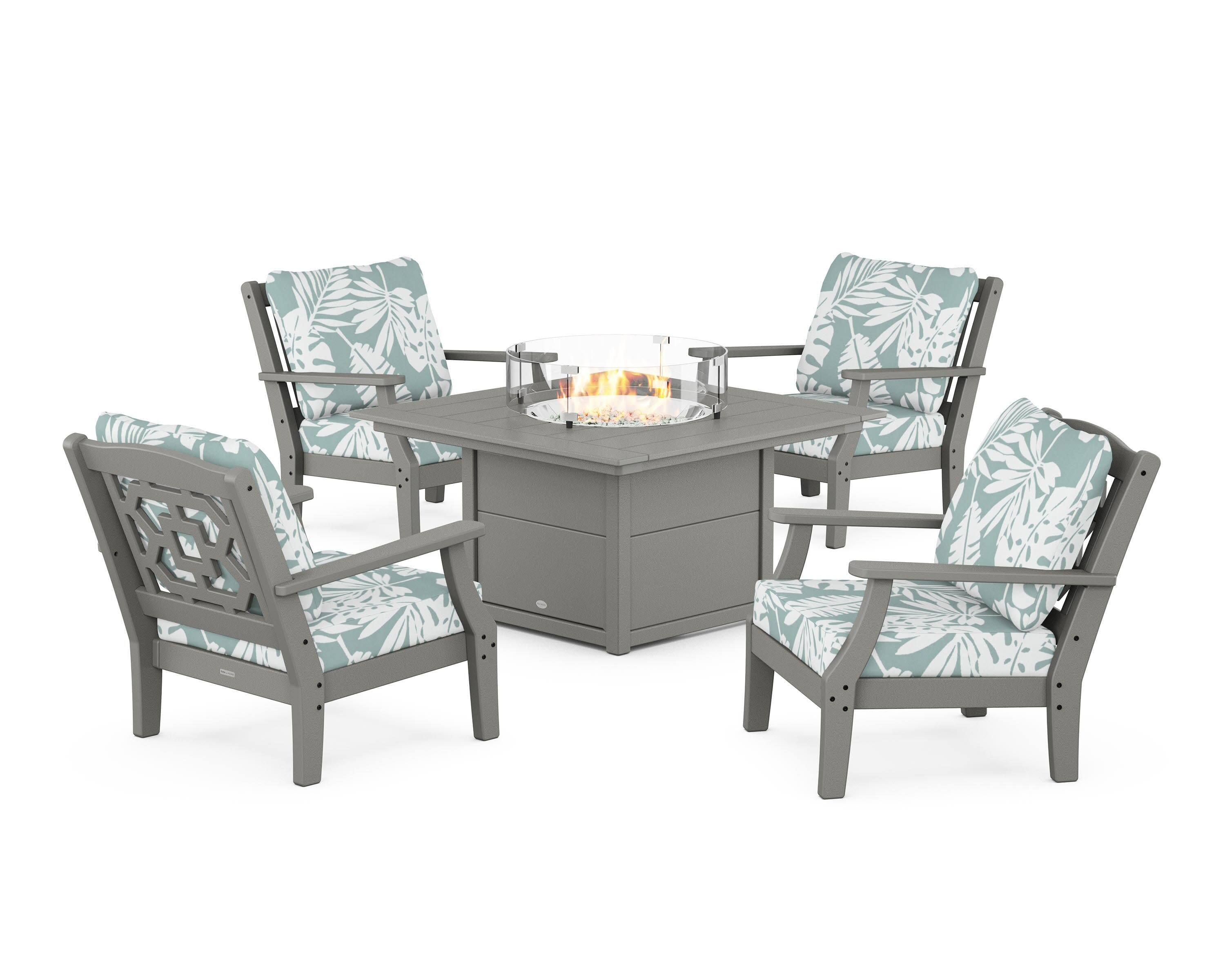 Chinoiserie 5-Piece Deep Seating Set with Fire Pit Table in Slate Grey / Leaf Glacier Spa