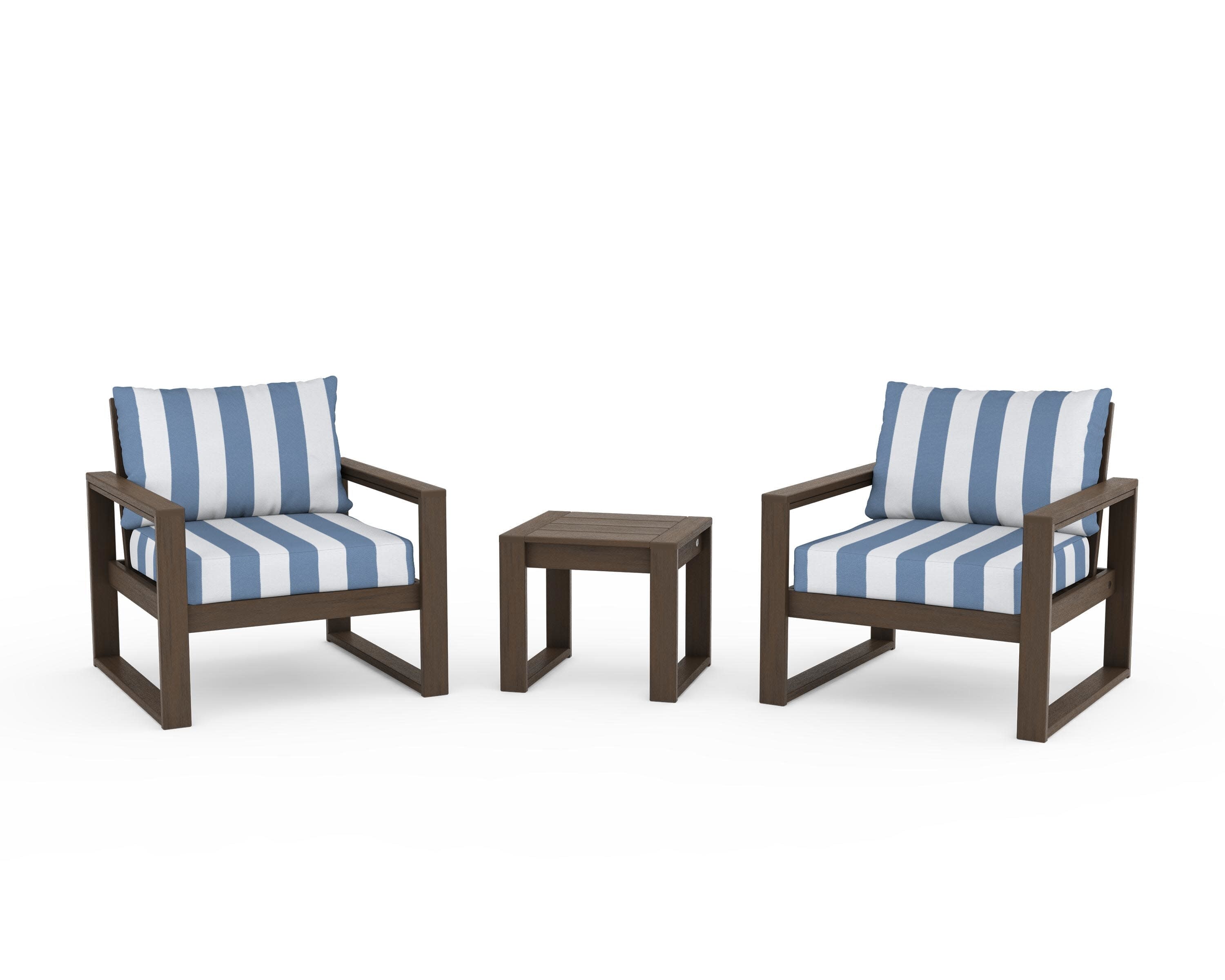 EDGE Sectional 3-Piece Deep Seating Set in Kona / Cabana Stripe Sky Blue