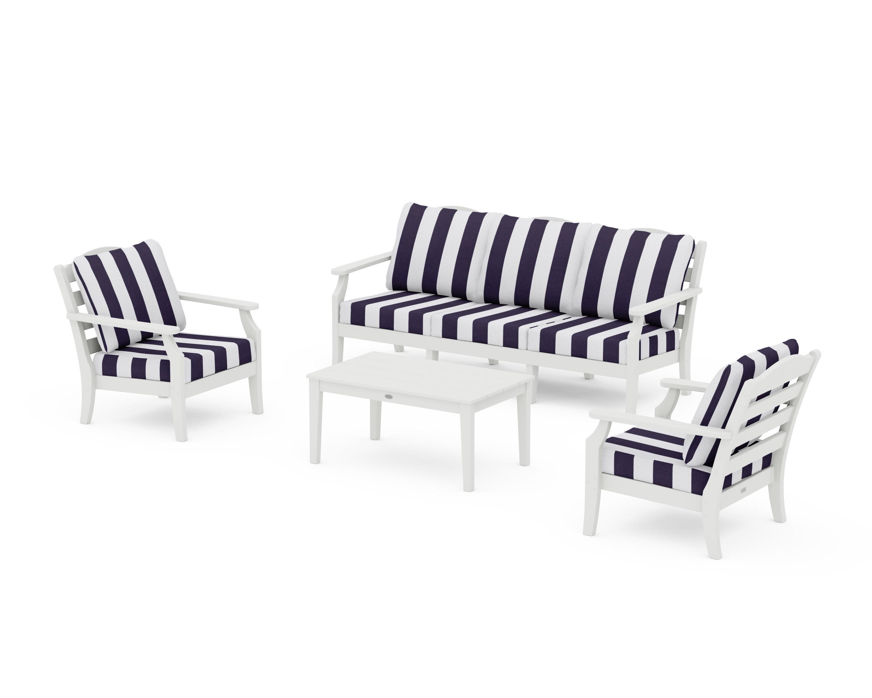 Savannah 4-Piece Deep Seating Set with Sofa in Vintage White / Cabana Stripe Navy