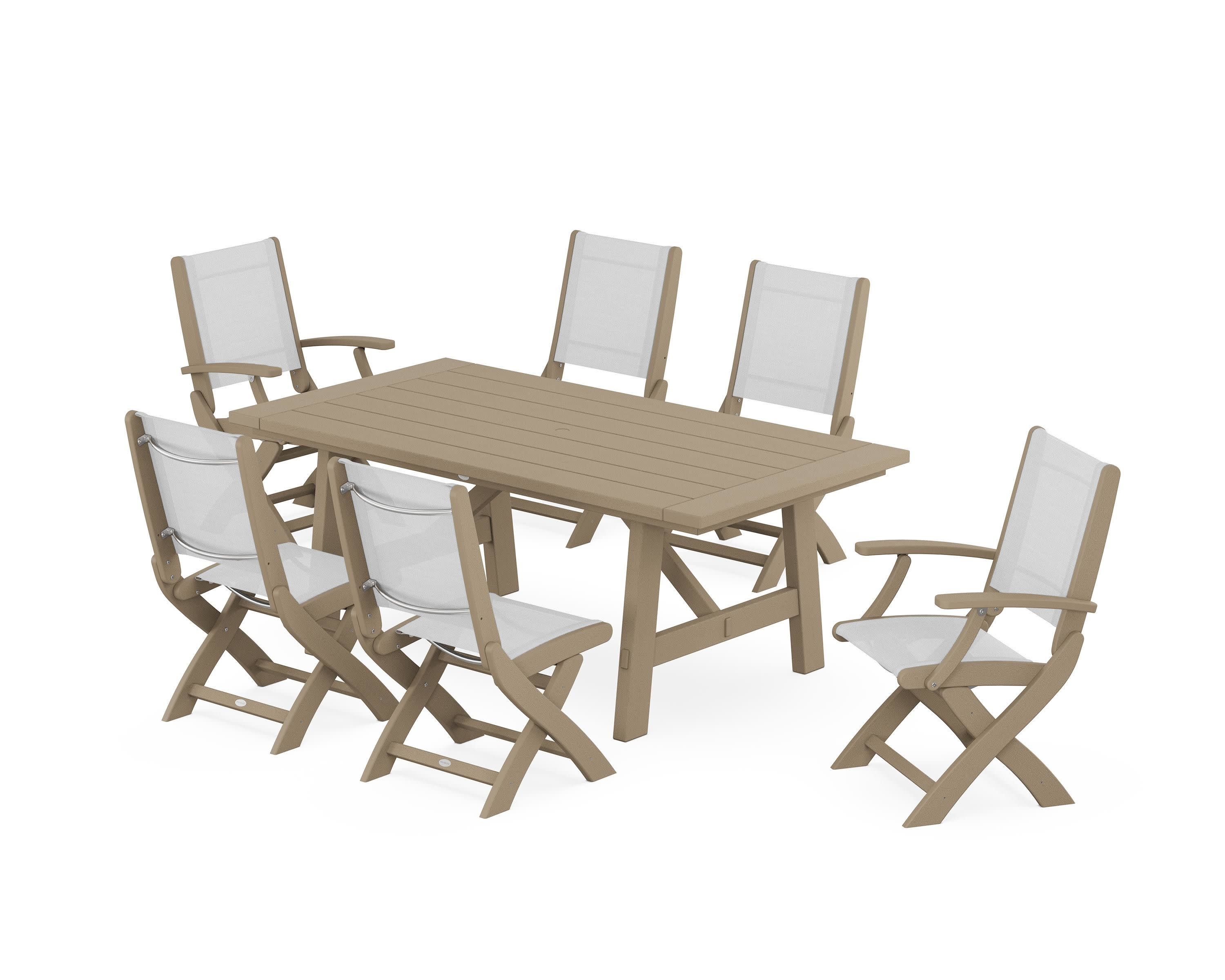 Coastal Folding Chair 7-Piece Rustic Farmhouse Dining Set in Vintage Sahara / White Sling