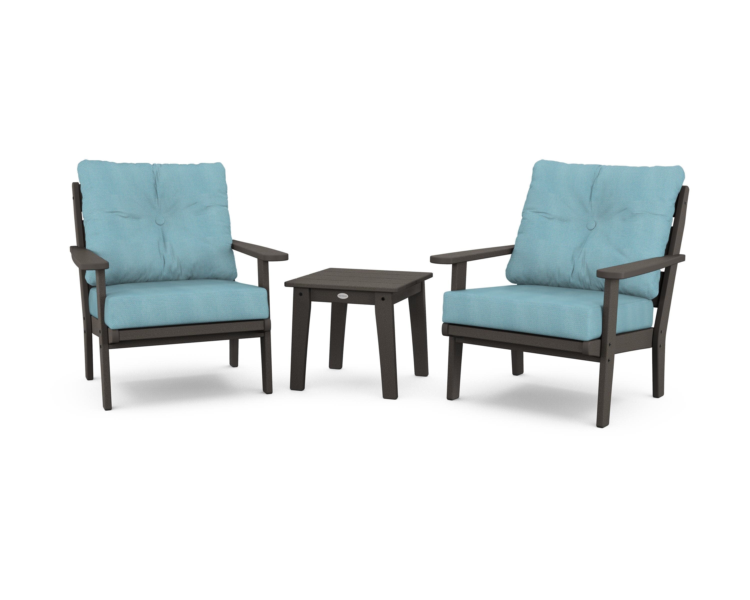 Lakeside 3-Piece Deep Seating Chair Set in Vintage Coffee / Lattice Sky Blue