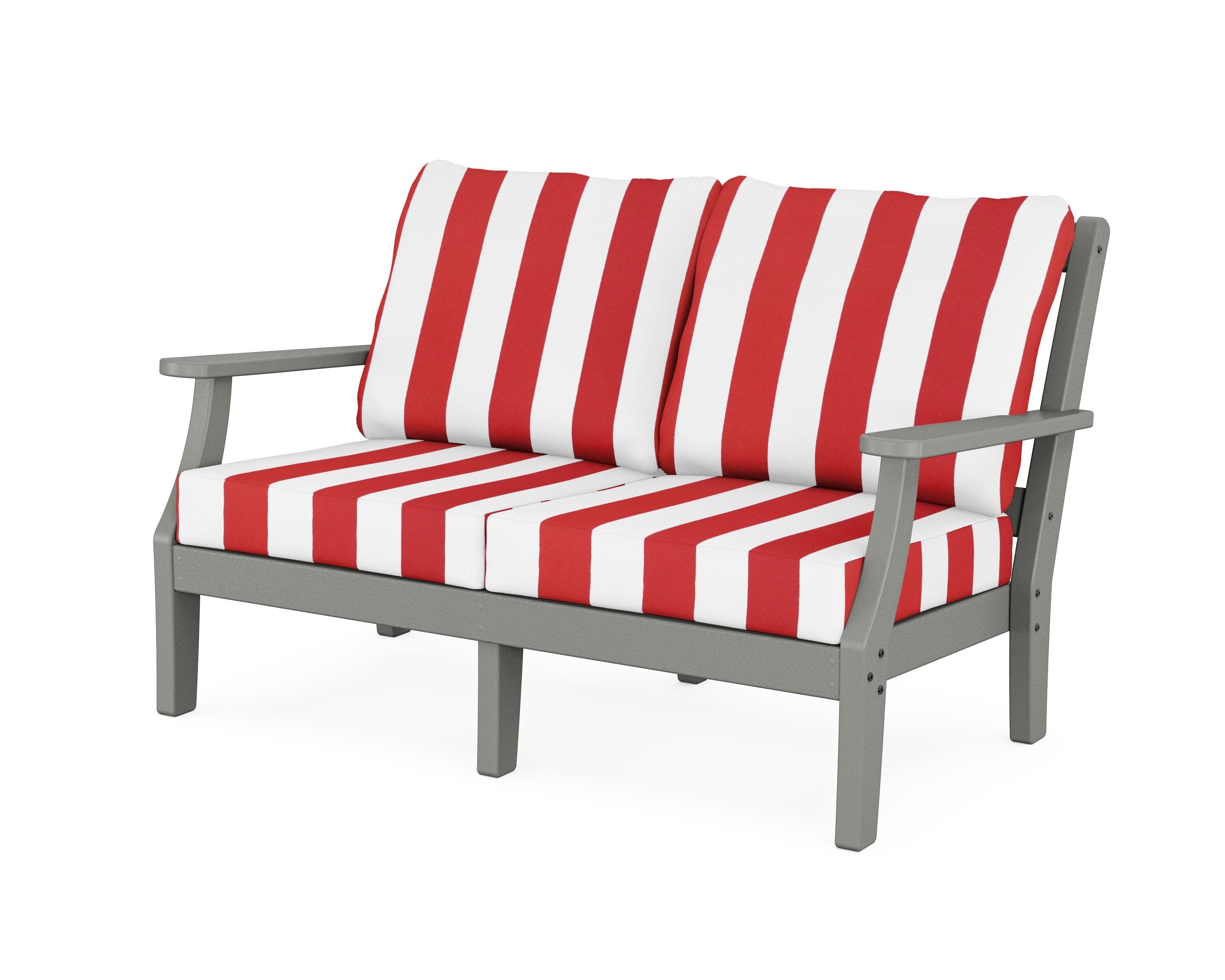 Chinoiserie Deep Seating Loveseat in Slate Grey / Cabana Stripe Crimson