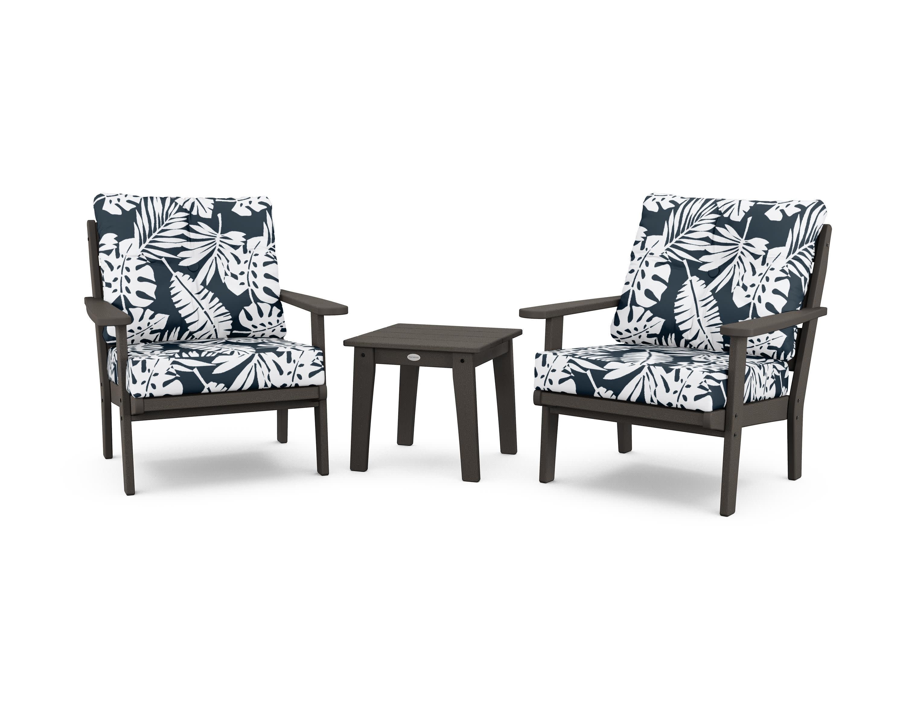 Lakeside 3-Piece Deep Seating Chair Set in Vintage Coffee / Leaf Marine Indigo