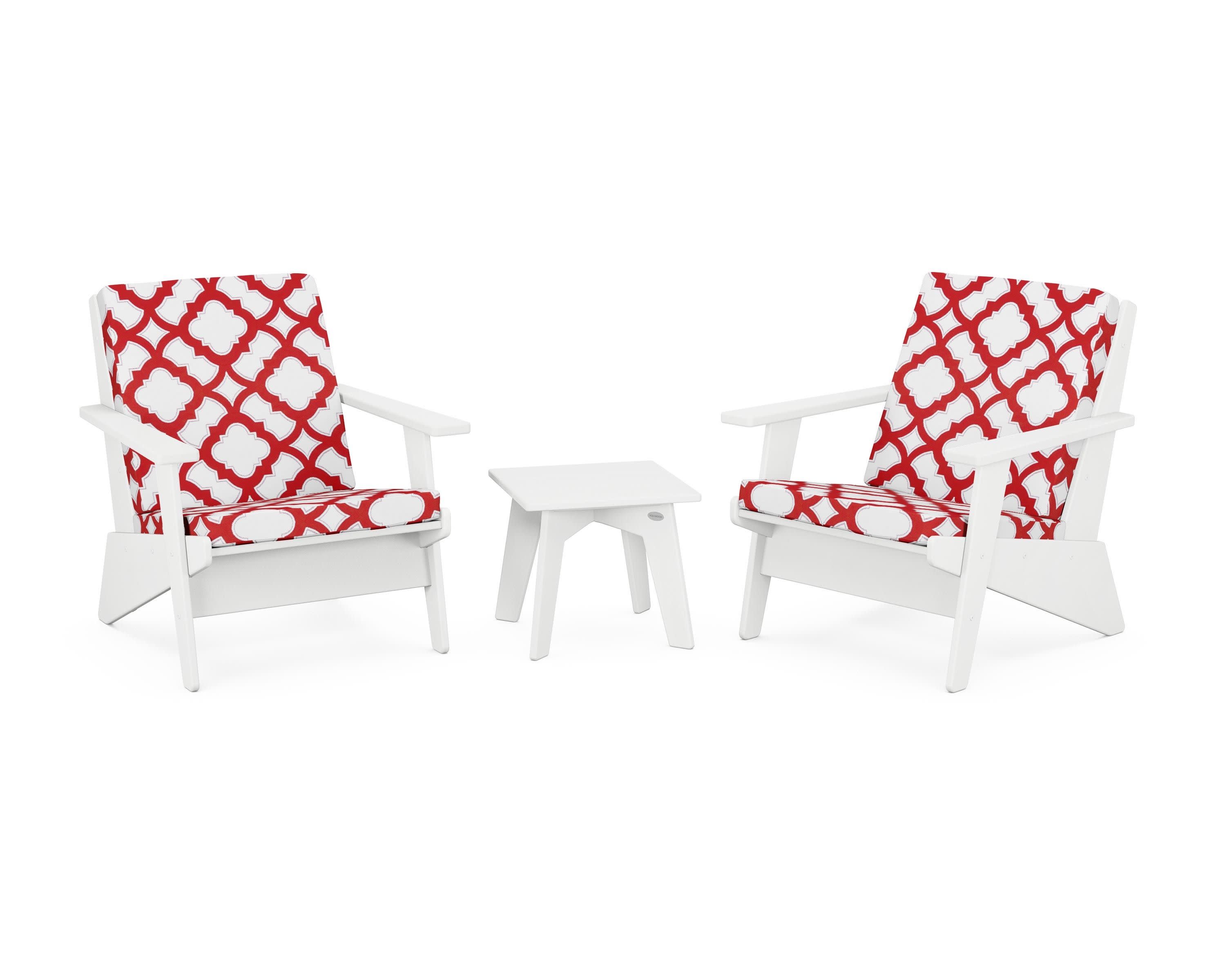 Riviera Modern Lounge 3-Piece Set in White / Trellis Crimson