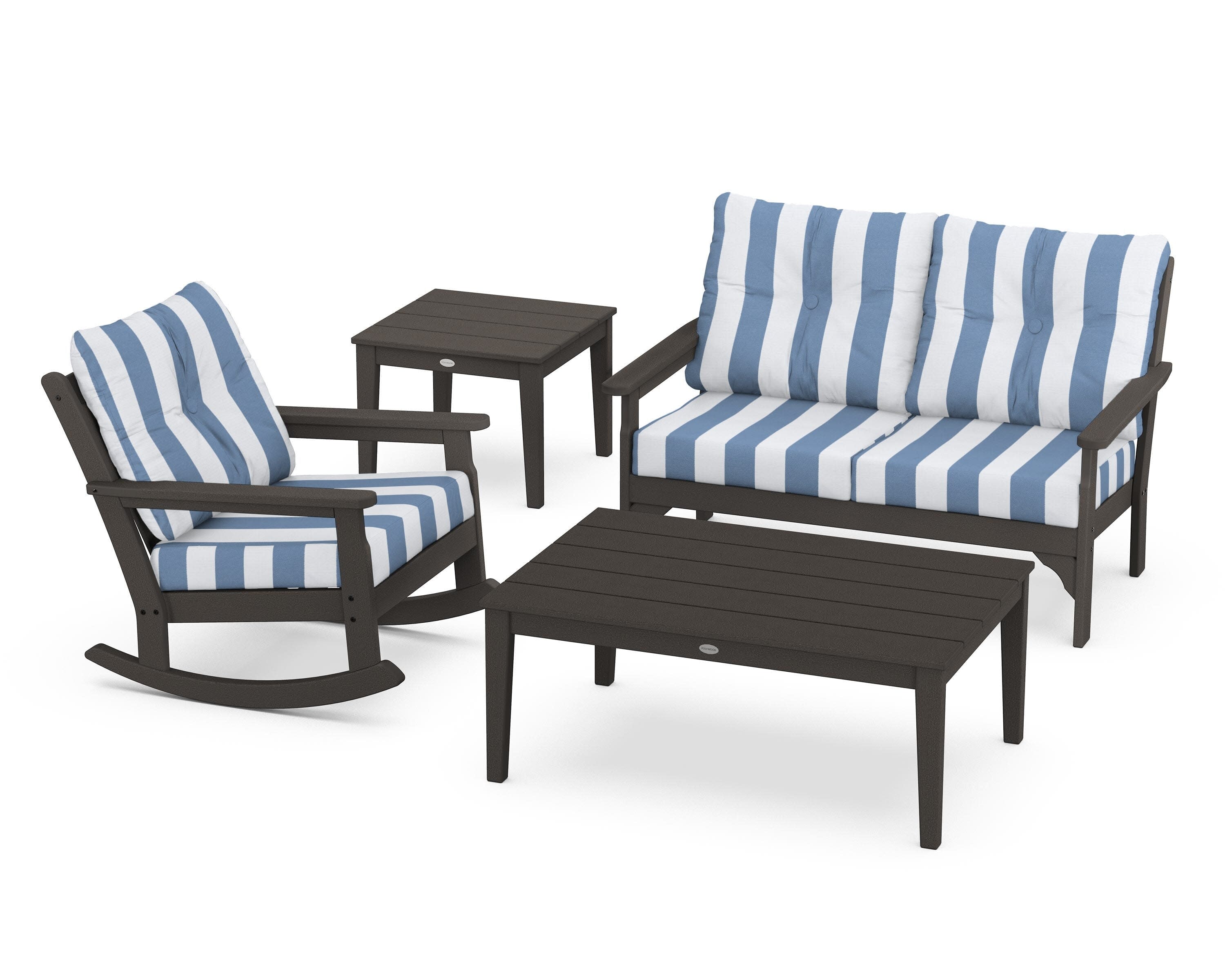 Vineyard 4-Piece Deep Seating Rocker Set in Vintage Coffee / Cabana Stripe Sky Blue