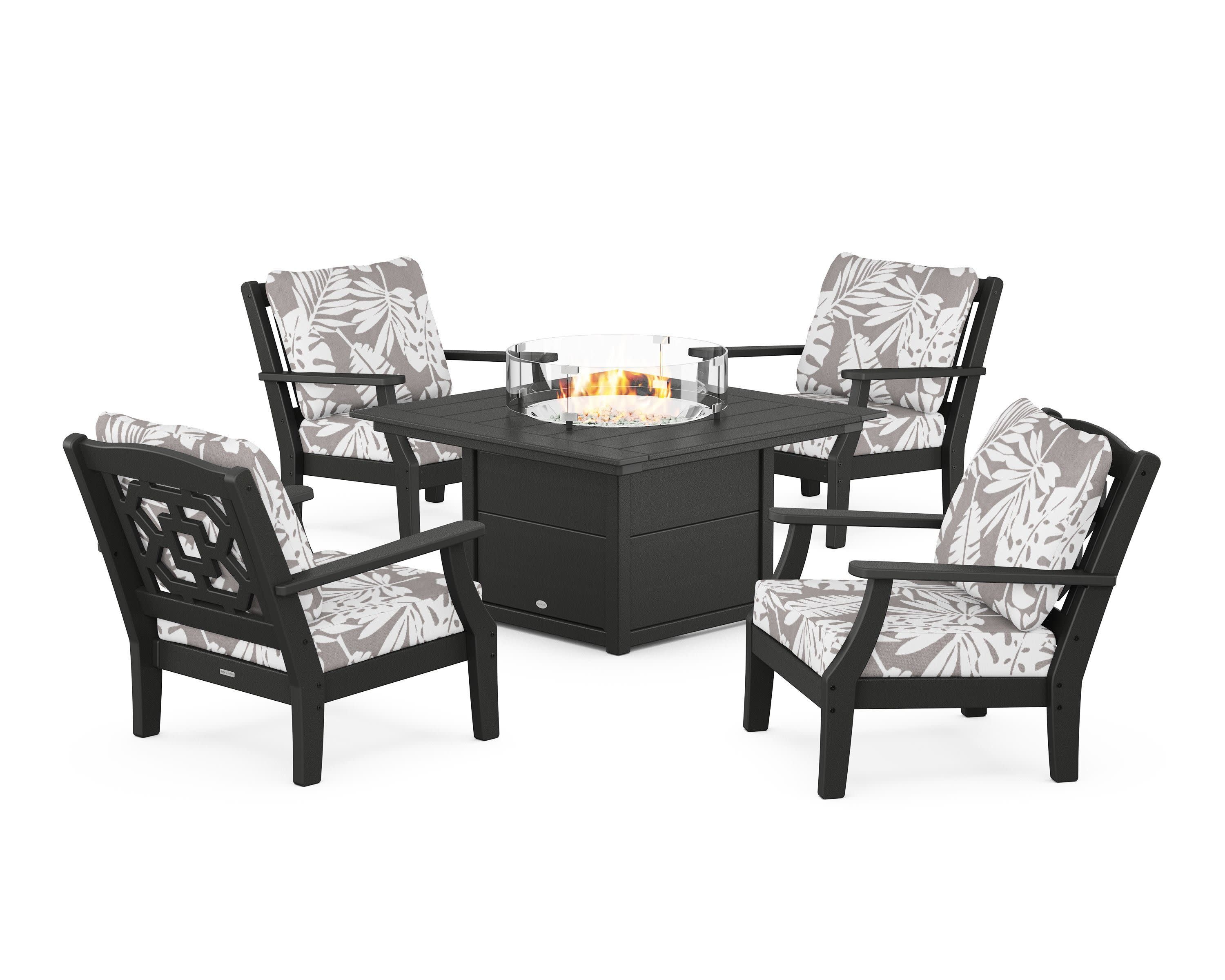 Chinoiserie 5-Piece Deep Seating Set with Fire Pit Table in Black / Leaf Grey Mist