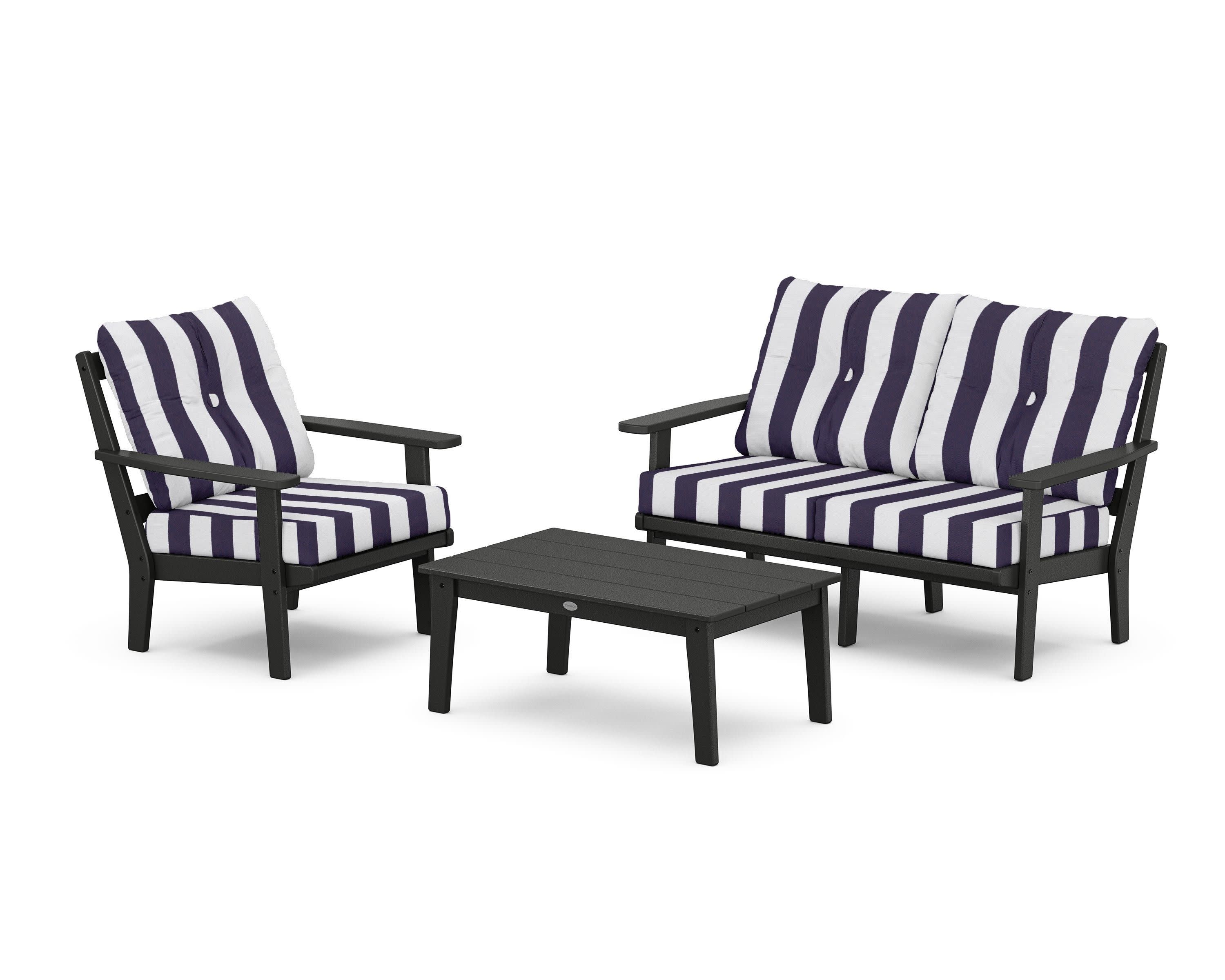 Oxford 3-Piece Deep Seating Set with Loveseat in Black / Cabana Stripe Navy