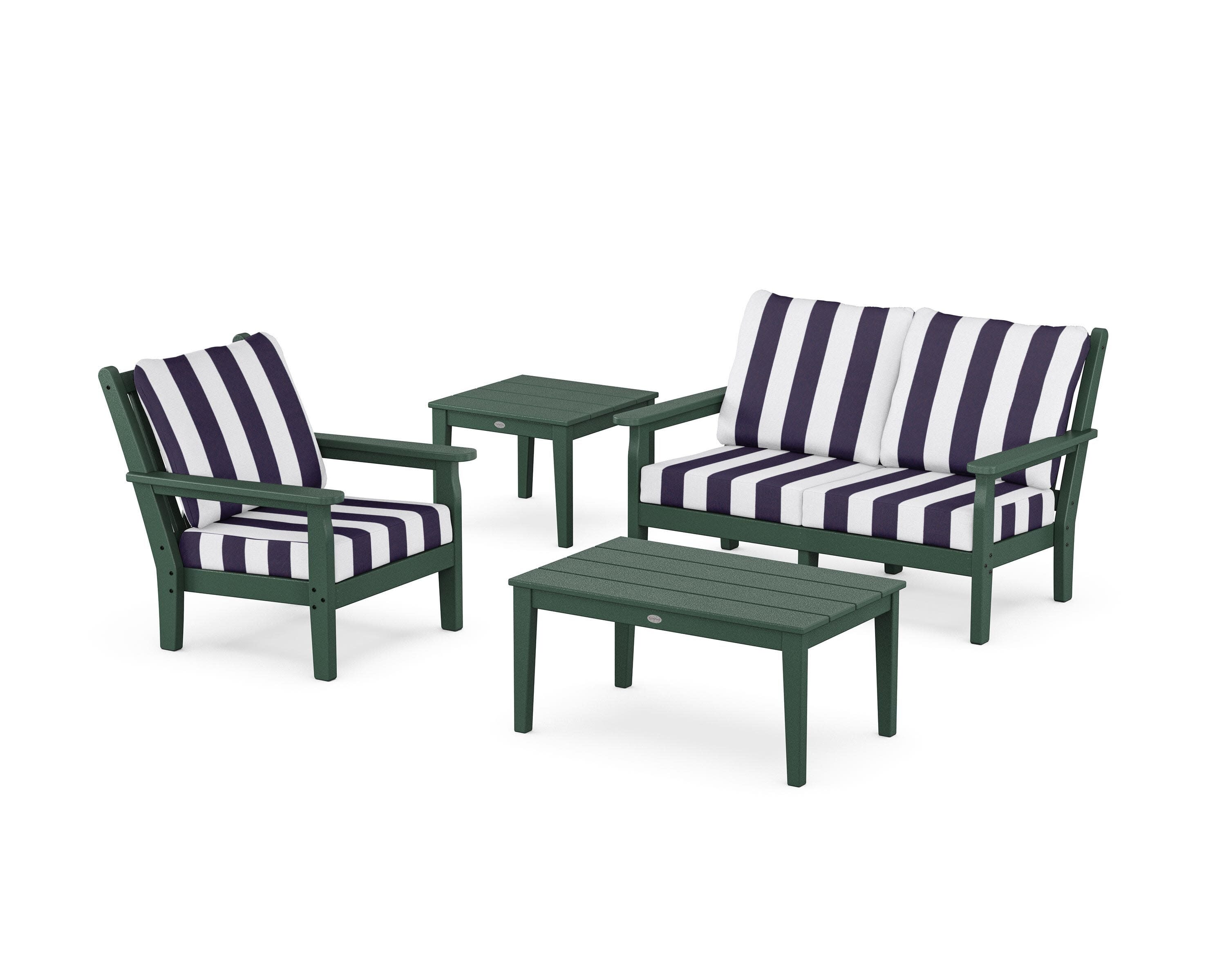 Chippendale 4-Piece Deep Seating Set in Green / Cabana Stripe Navy