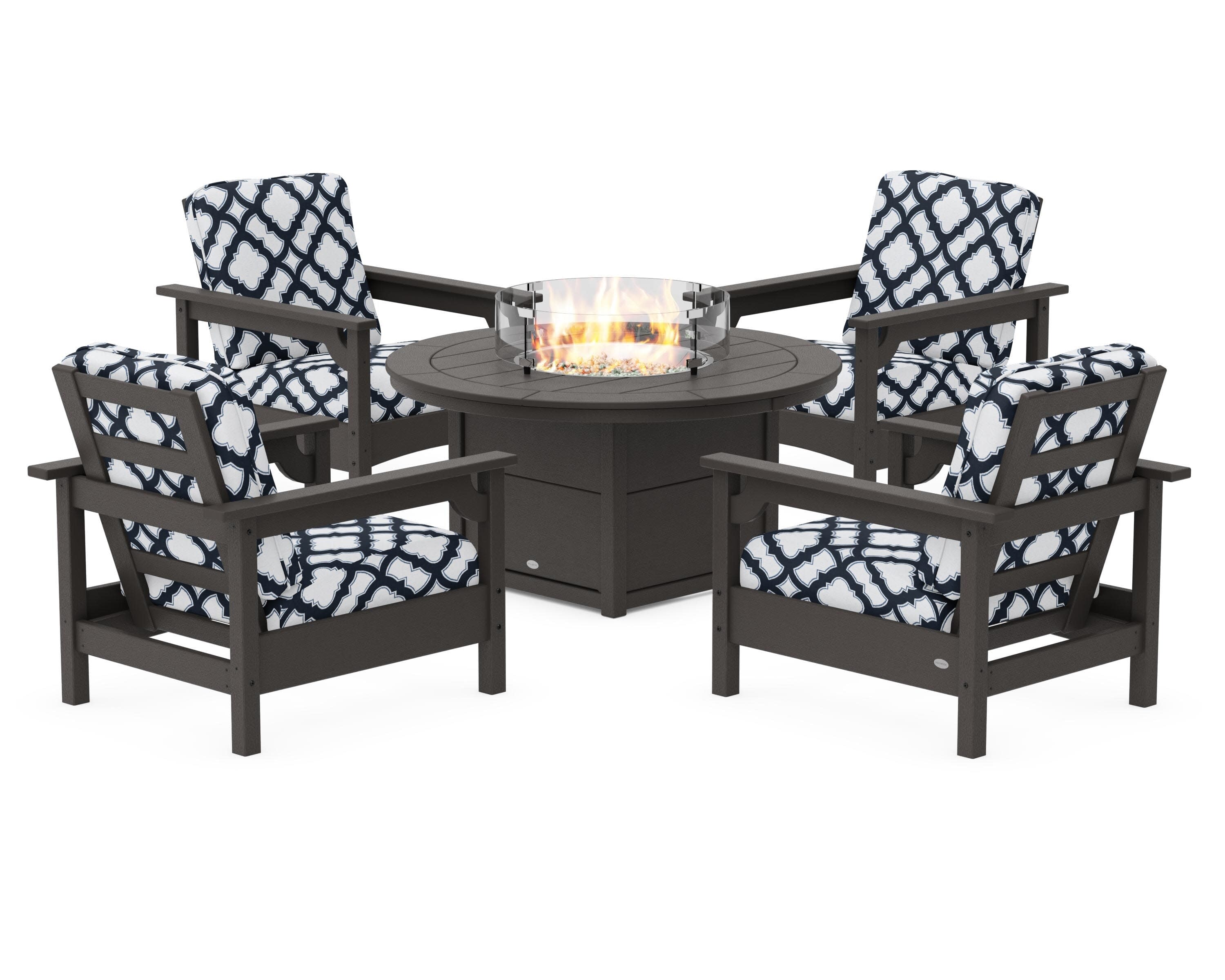 Club 5-Piece Conversation Set with Fire Pit Table in Vintage Coffee / Trellis Marine Indigo