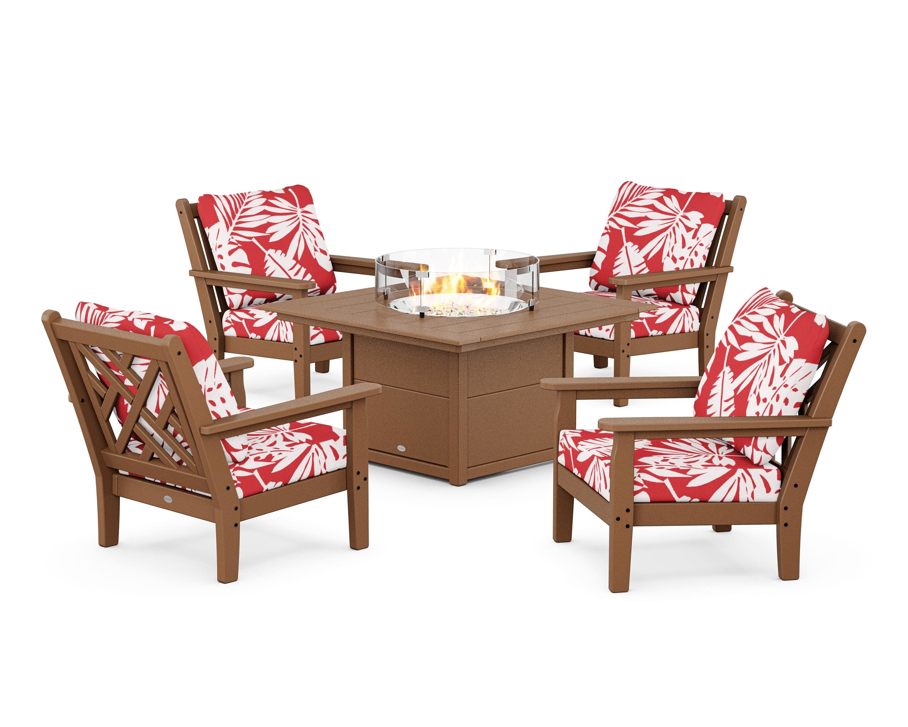 Chippendale 5-Piece Deep Seating Set with Fire Pit Table in Teak / Leaf Crimson