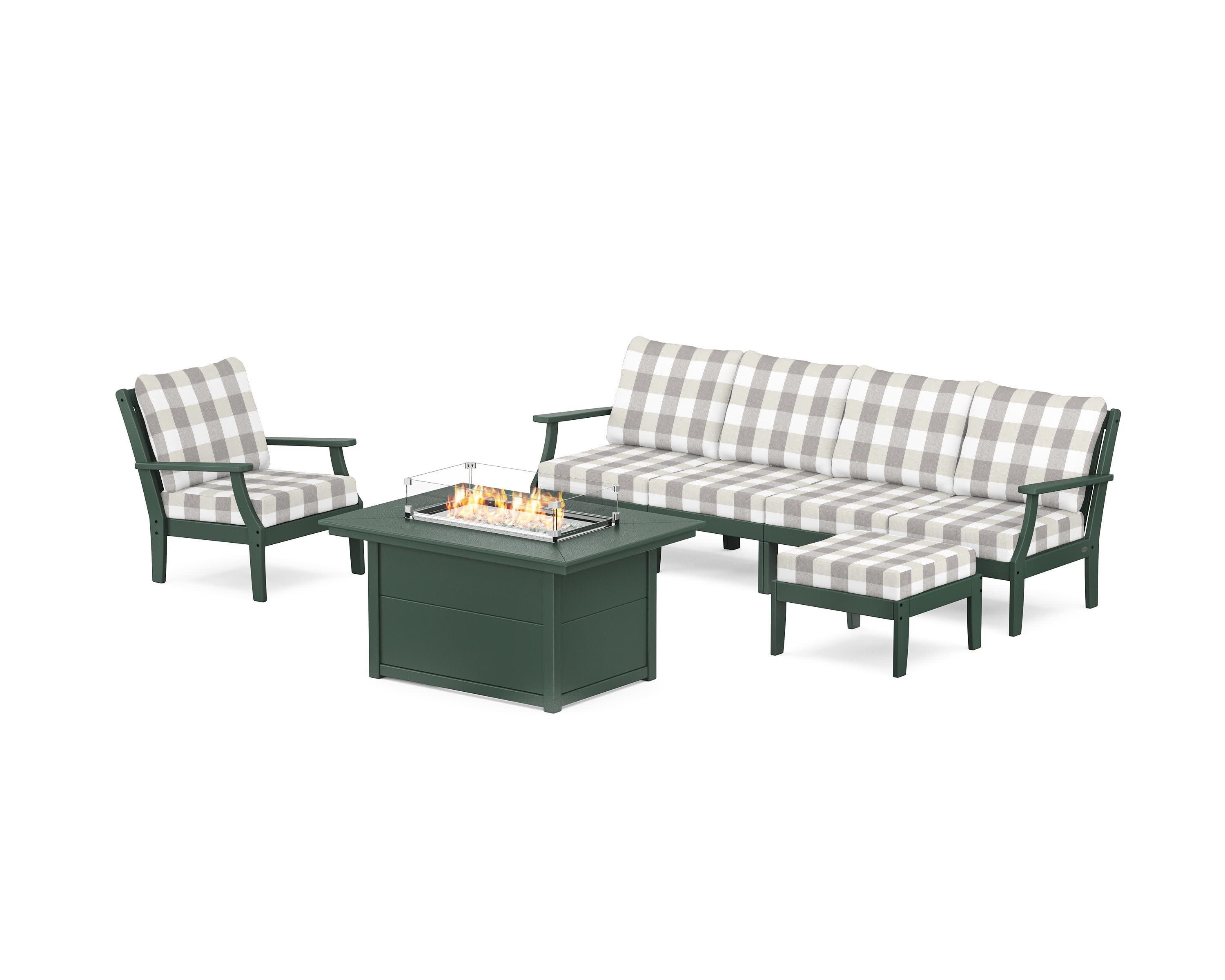 Braxton Sectional Lounge and Fire Pit Set in Green / Buffalo Plaid Grey Mist