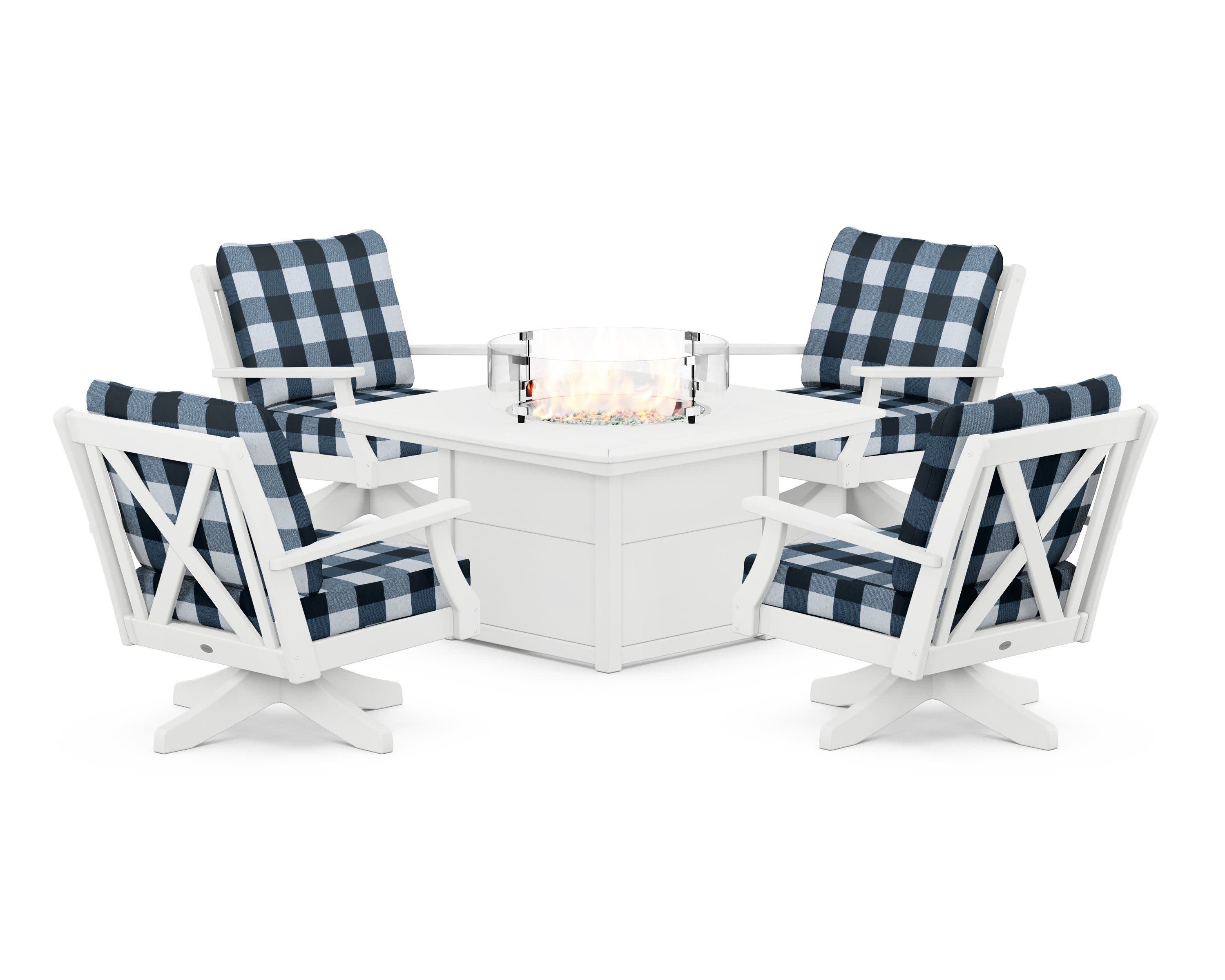 Braxton 5-Piece Deep Seating Swivel Conversation Set with Fire Pit Table in White / Buffalo Plaid Marine Indigo