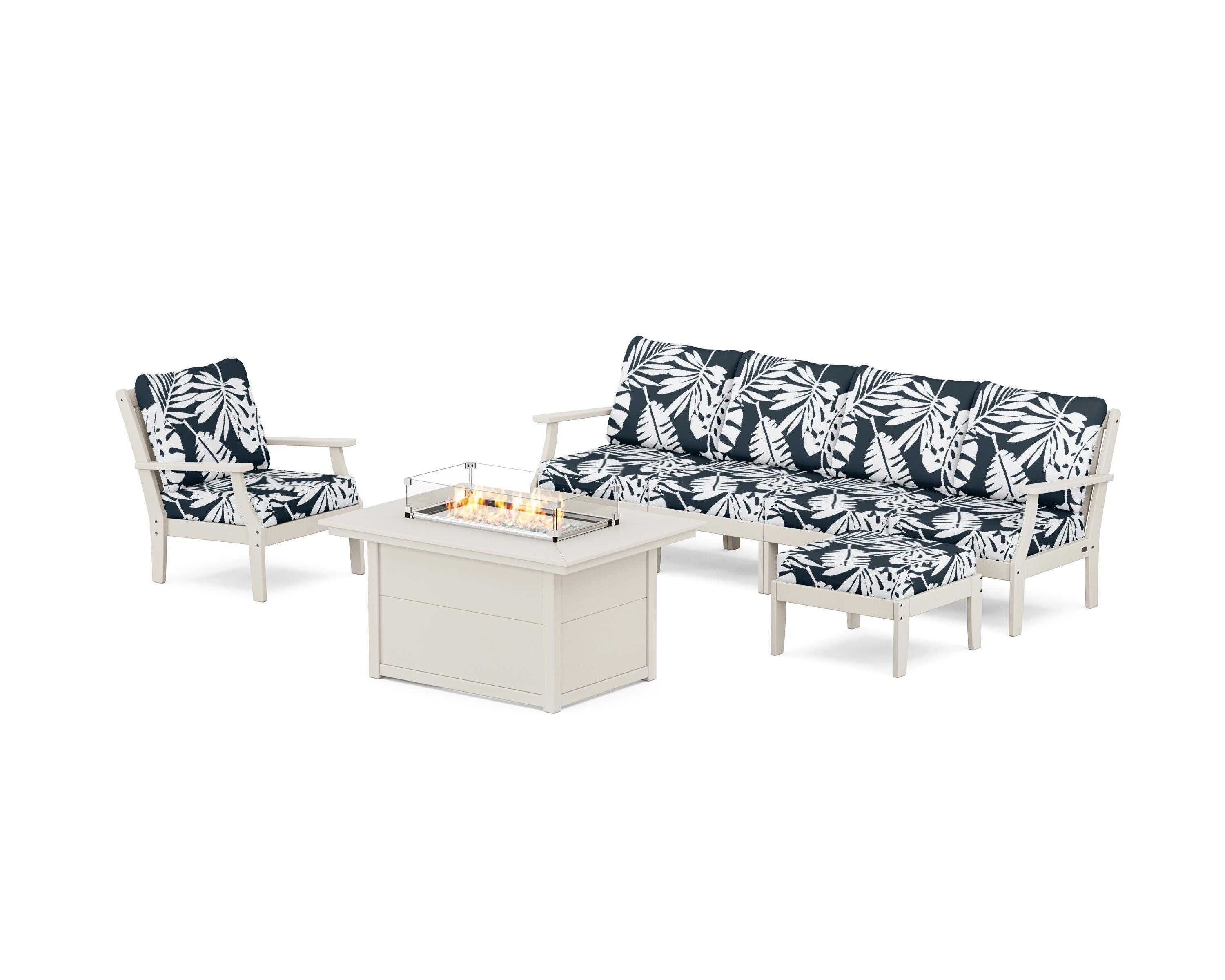 Braxton Sectional Lounge and Fire Pit Set in Sand / Leaf Marine Indigo