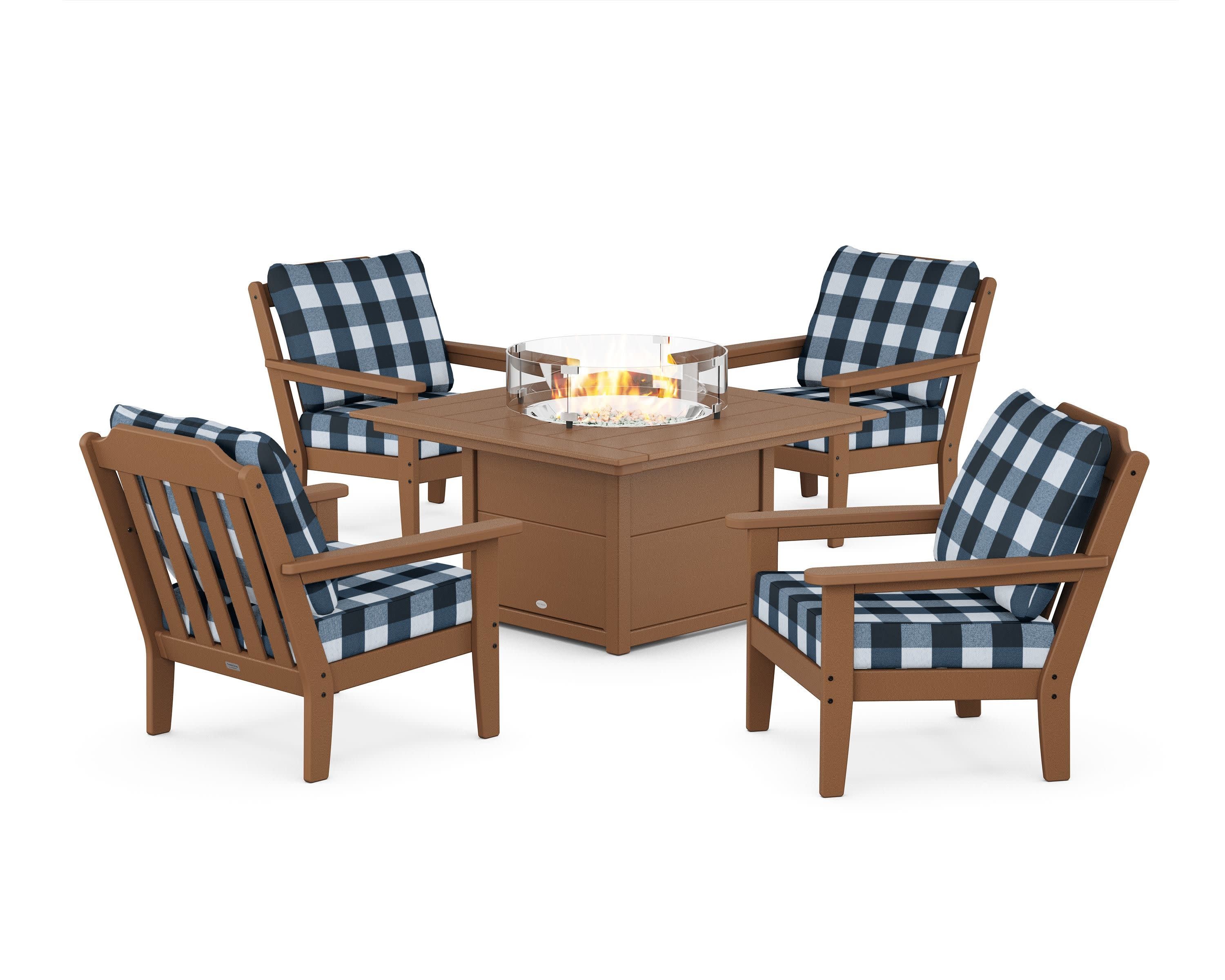 Cottage 5-Piece Deep Seating Set with Fire Pit Table in Teak / Buffalo Plaid Marine Indigo