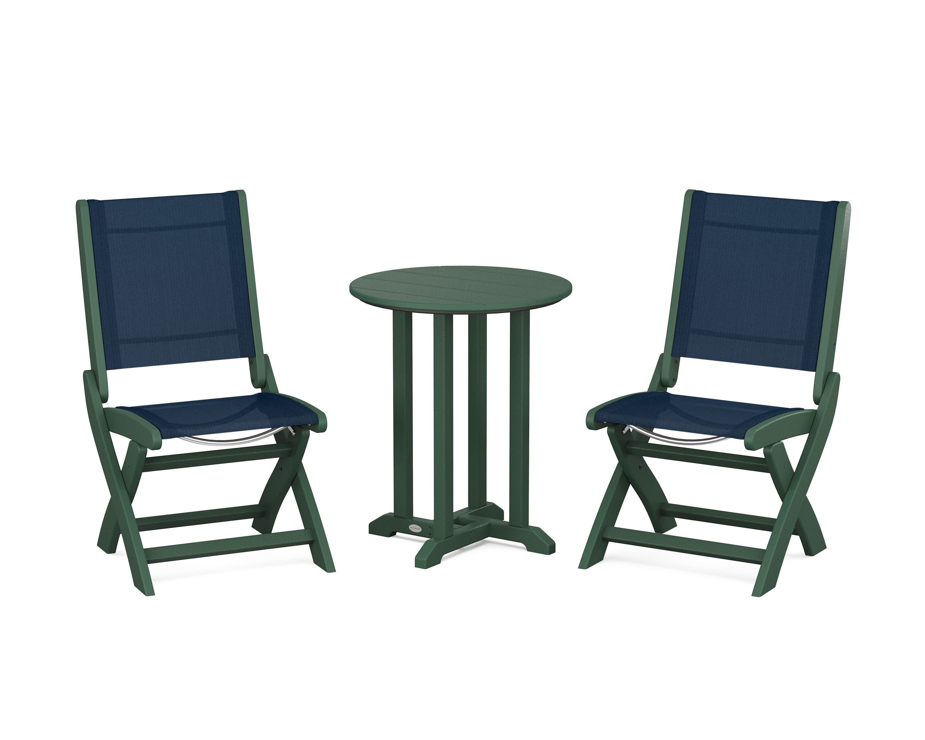Coastal Folding Side Chair 3-Piece Round Bistro Dining Set in Green / Navy Blue Sling