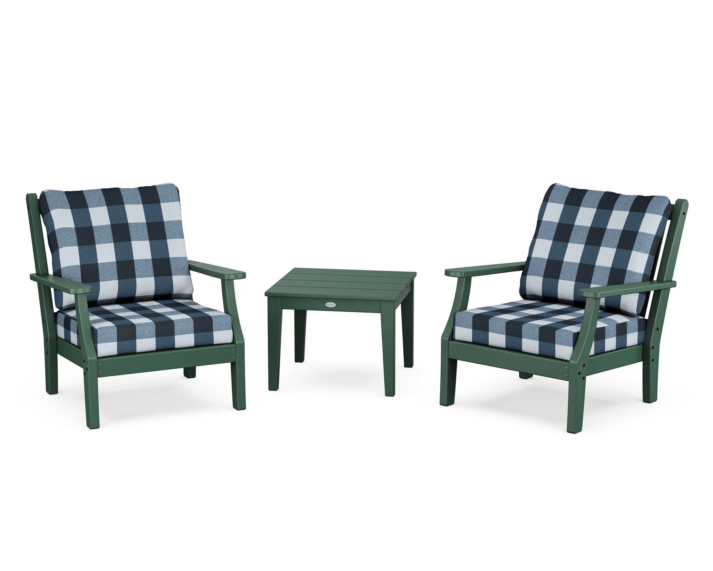 Wovendale 3-Piece Deep Seating Set in Green / Buffalo Plaid Marine Indigo