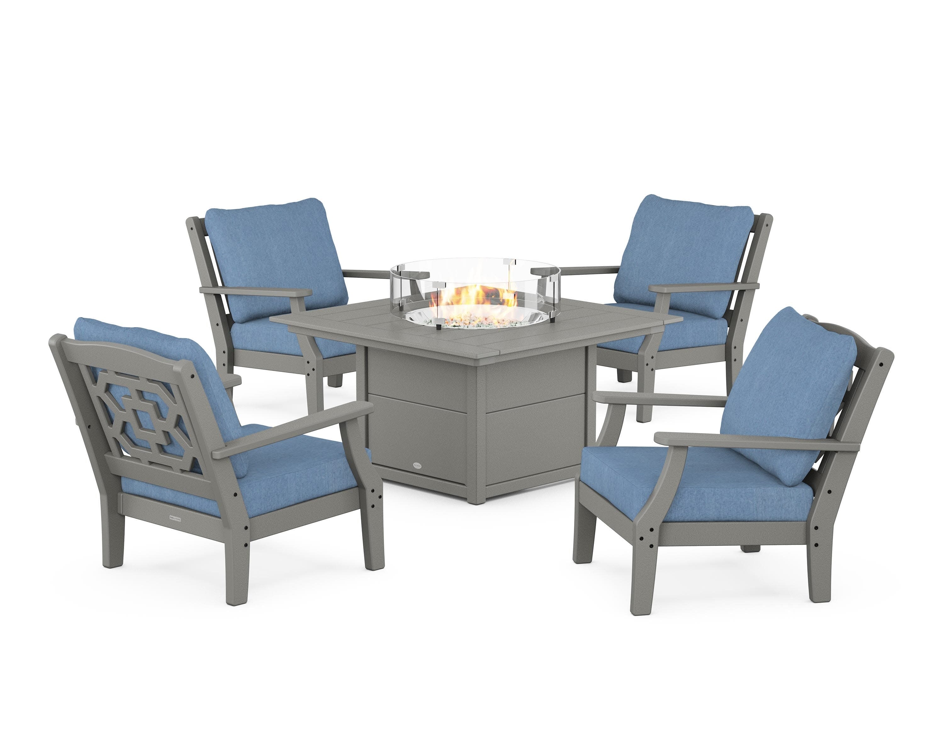 Chinoiserie 5-Piece Deep Seating Set with Fire Pit Table in Slate Grey / Sky Blue