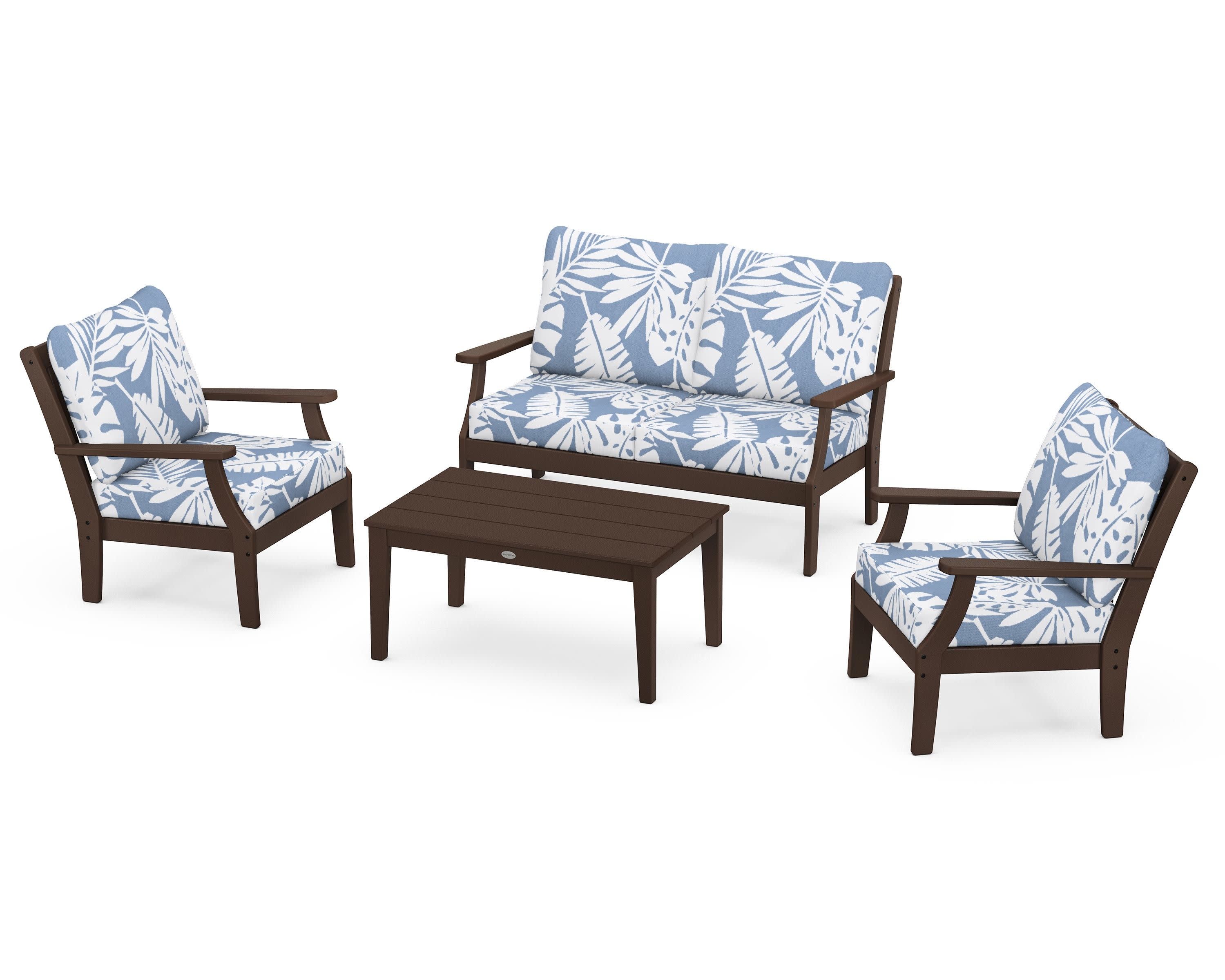 Braxton 4-Piece Deep Seating Chair Set in Mahogany / Leaf Sky Blue