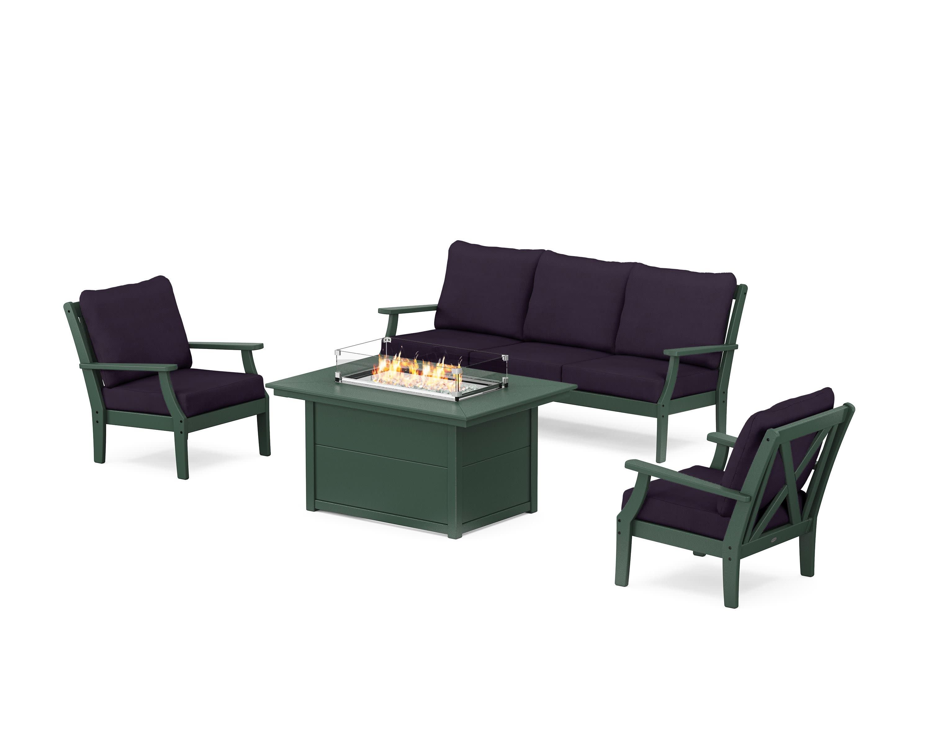 Braxton Deep Seating Fire Pit Table Set in Green / Navy Linen