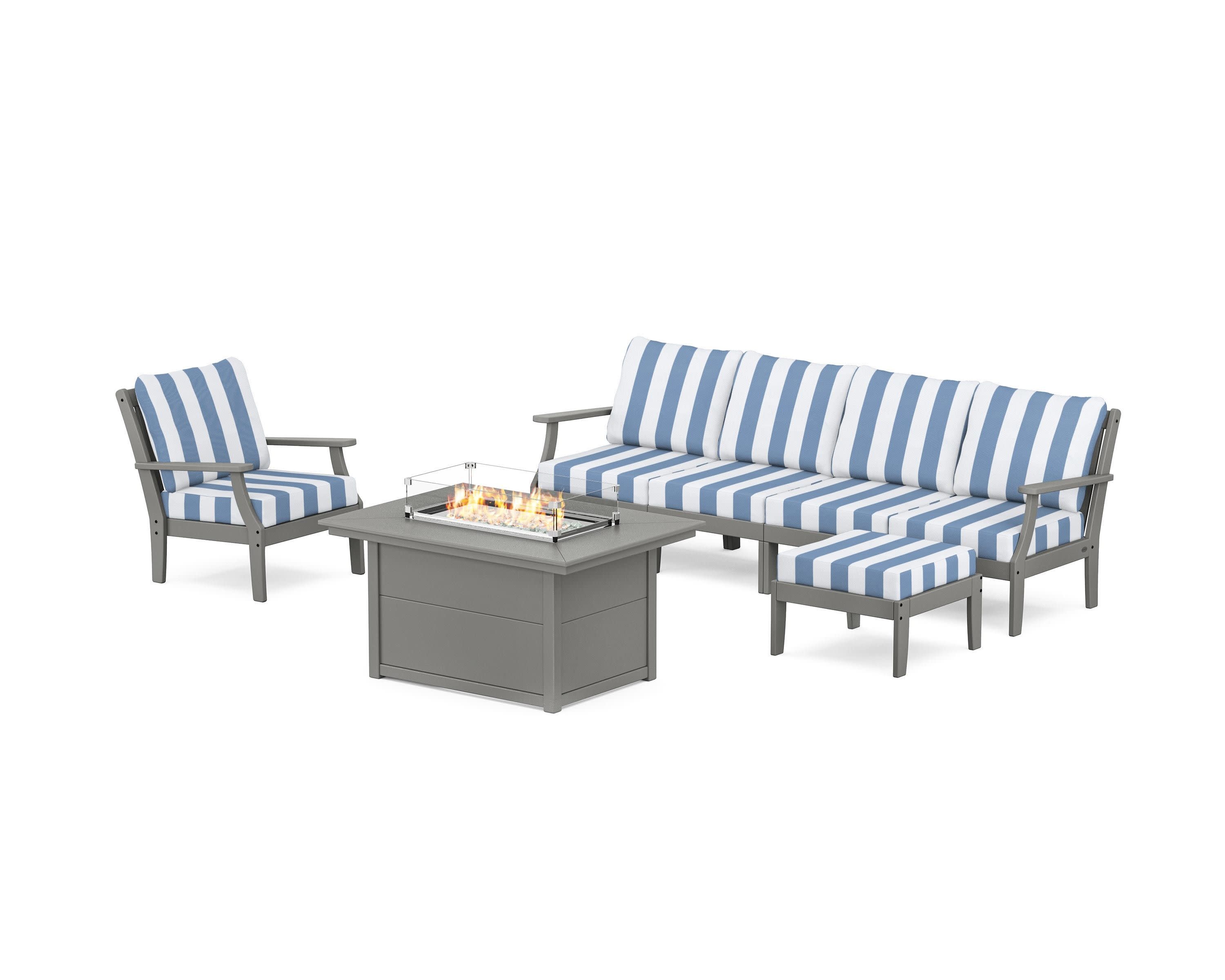 Braxton Sectional Lounge and Fire Pit Set in Slate Grey / Cabana Stripe Sky Blue