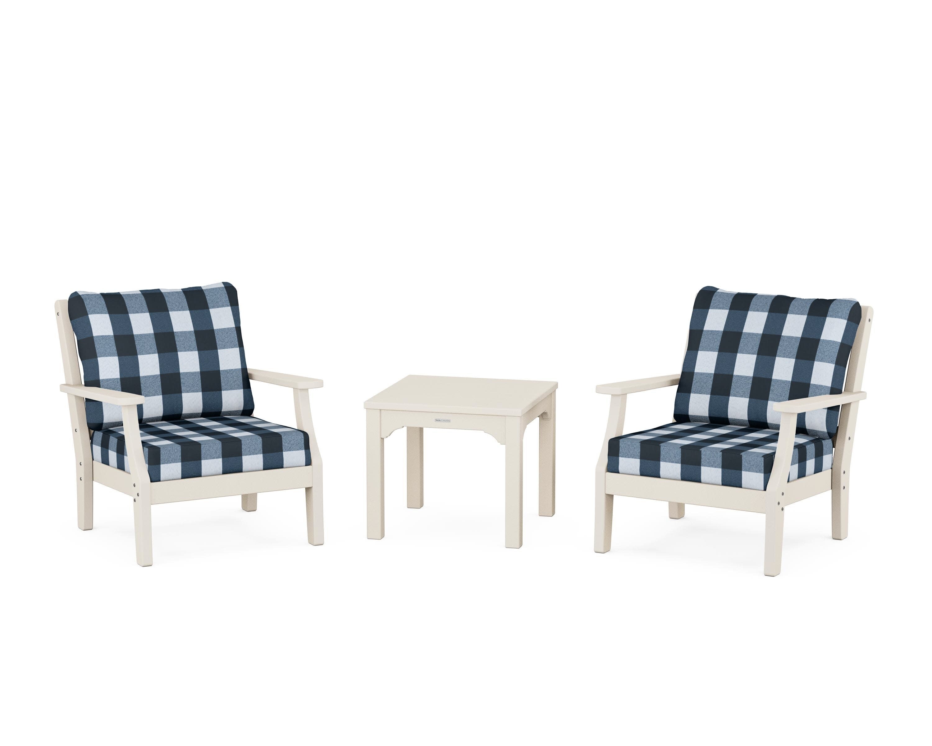 Chinoiserie 3-Piece Deep Seating Set in Sand / Buffalo Plaid Marine Indigo