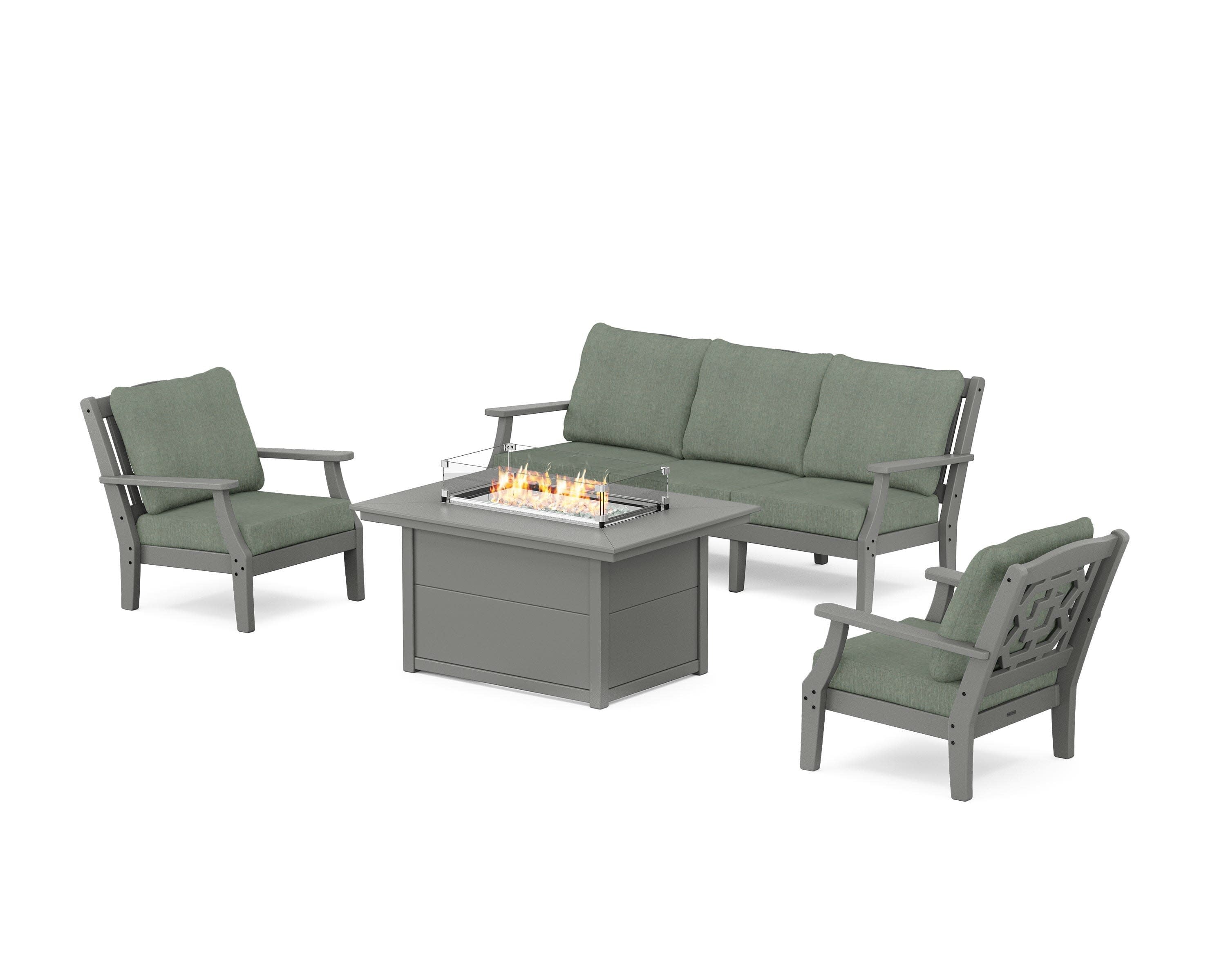 Chinoiserie Deep Seating Fire Pit Table Set in Slate Grey / Cast Sage