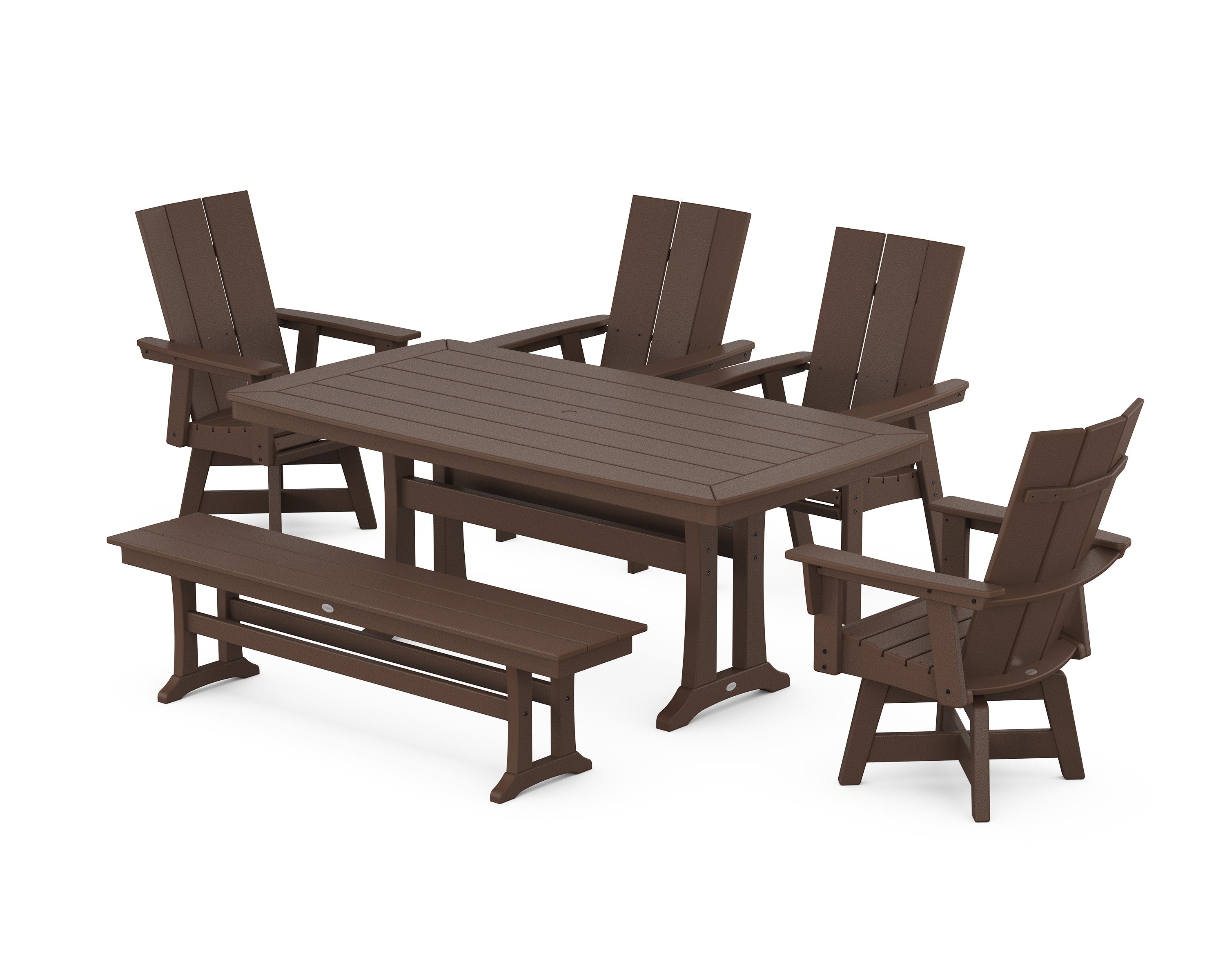 Modern Curveback Adirondack Swivel Chair 6-Piece Dining Set with Trestle Legs and Bench in Mahogany