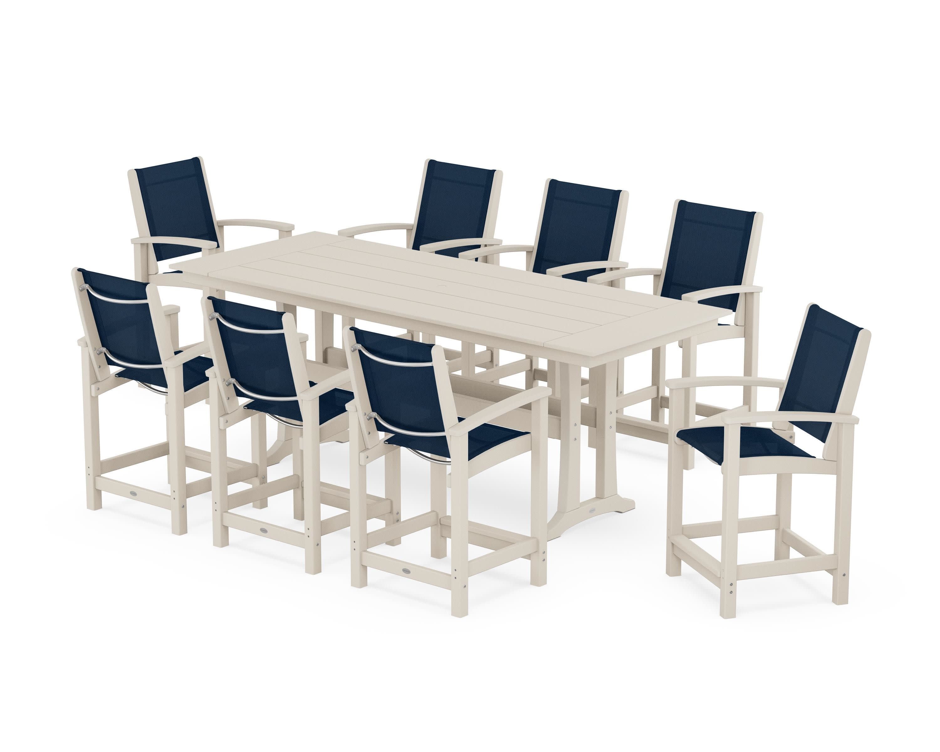 Coastal 9-Piece Farmhouse Counter Set with Trestle Legs in Sand / Navy Blue Sling