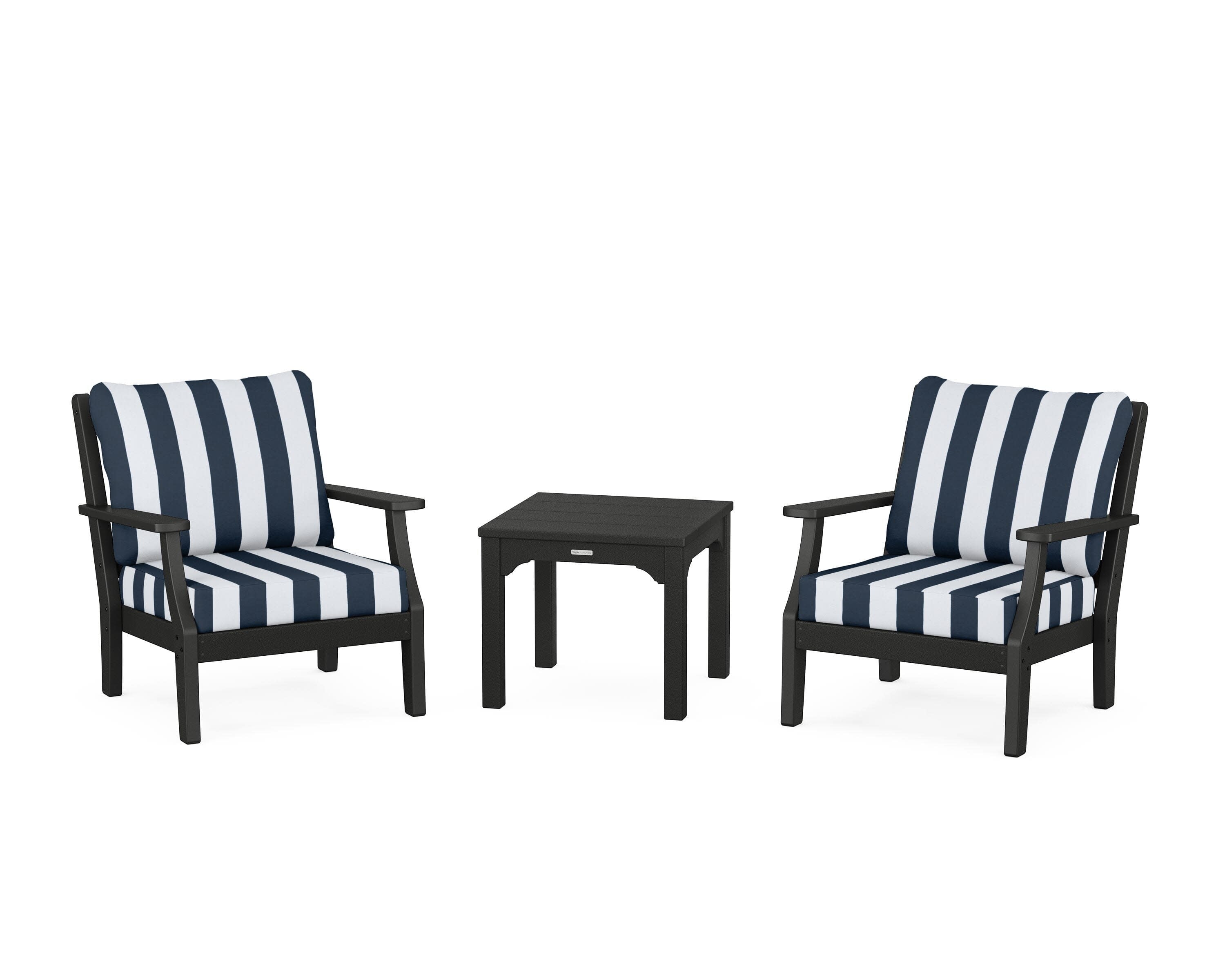Chinoiserie 3-Piece Deep Seating Set in Black / Cabana Stripe Marine Indigo