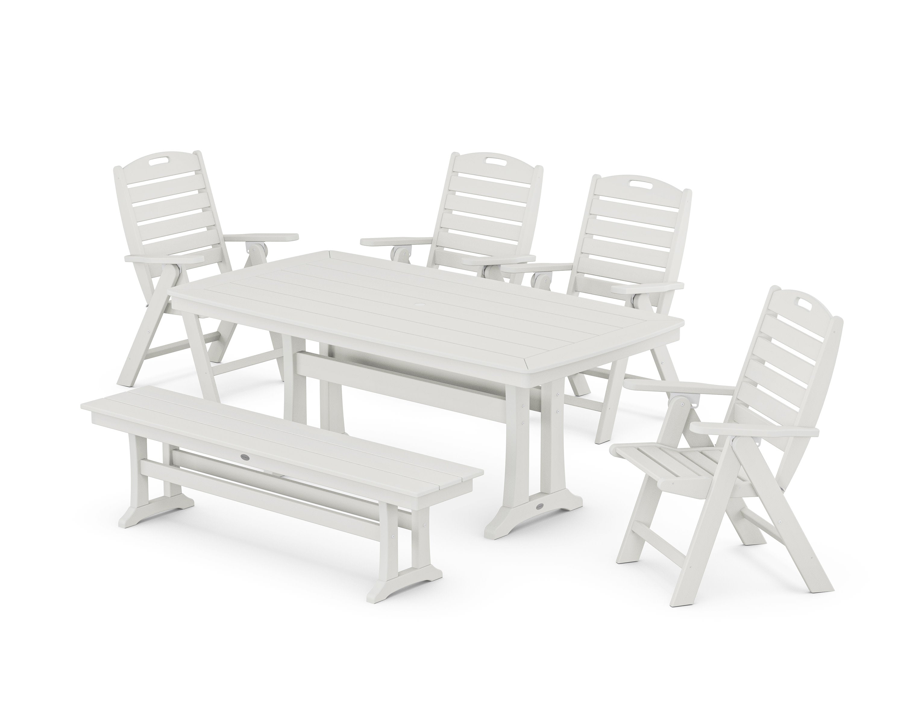 Nautical Highback 6-Piece Dining Set with Trestle Legs and Bench in Vintage White