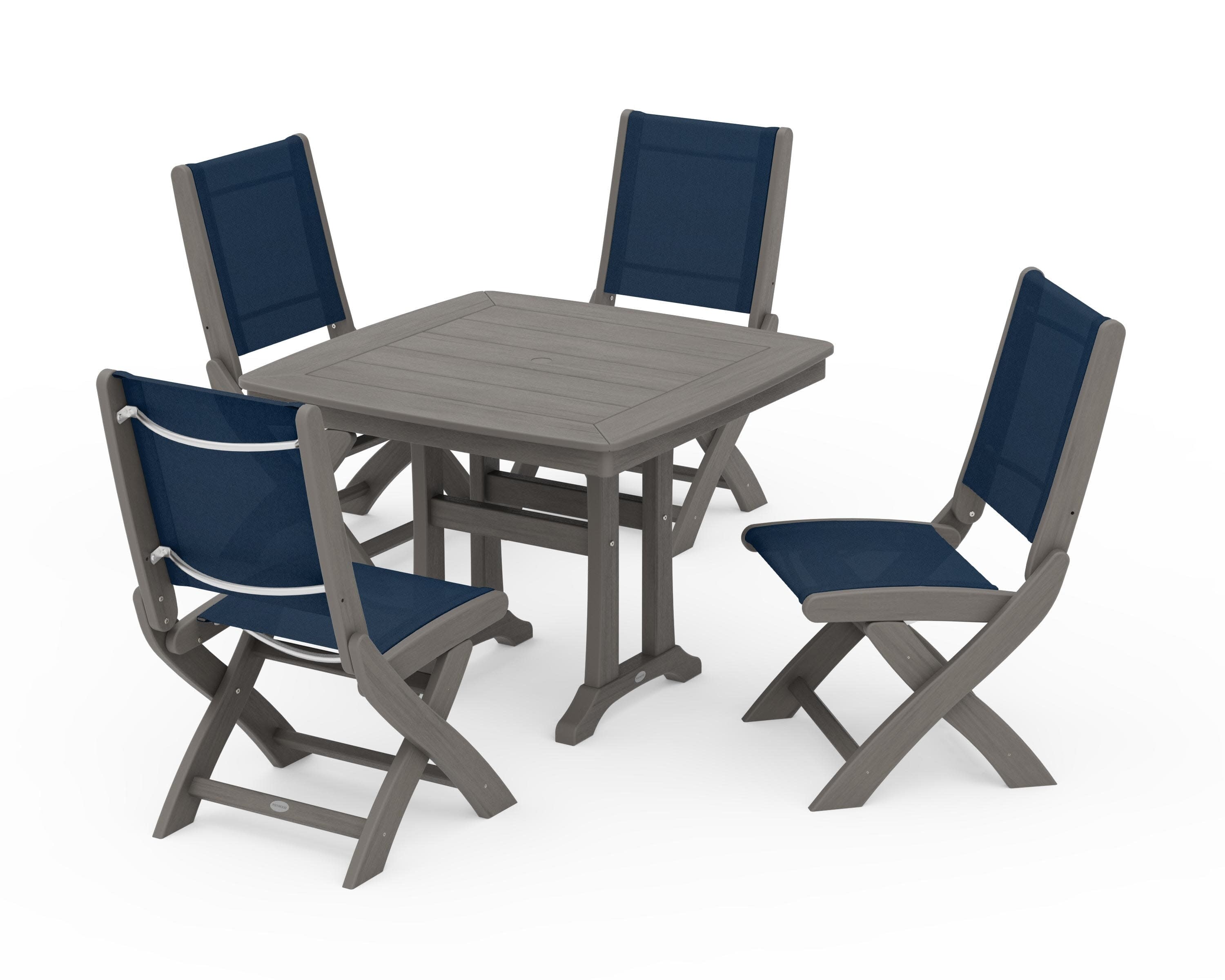 Coastal Folding Side Chair 5-Piece Dining Set with Trestle Legs in Driftwood / Navy Blue Sling