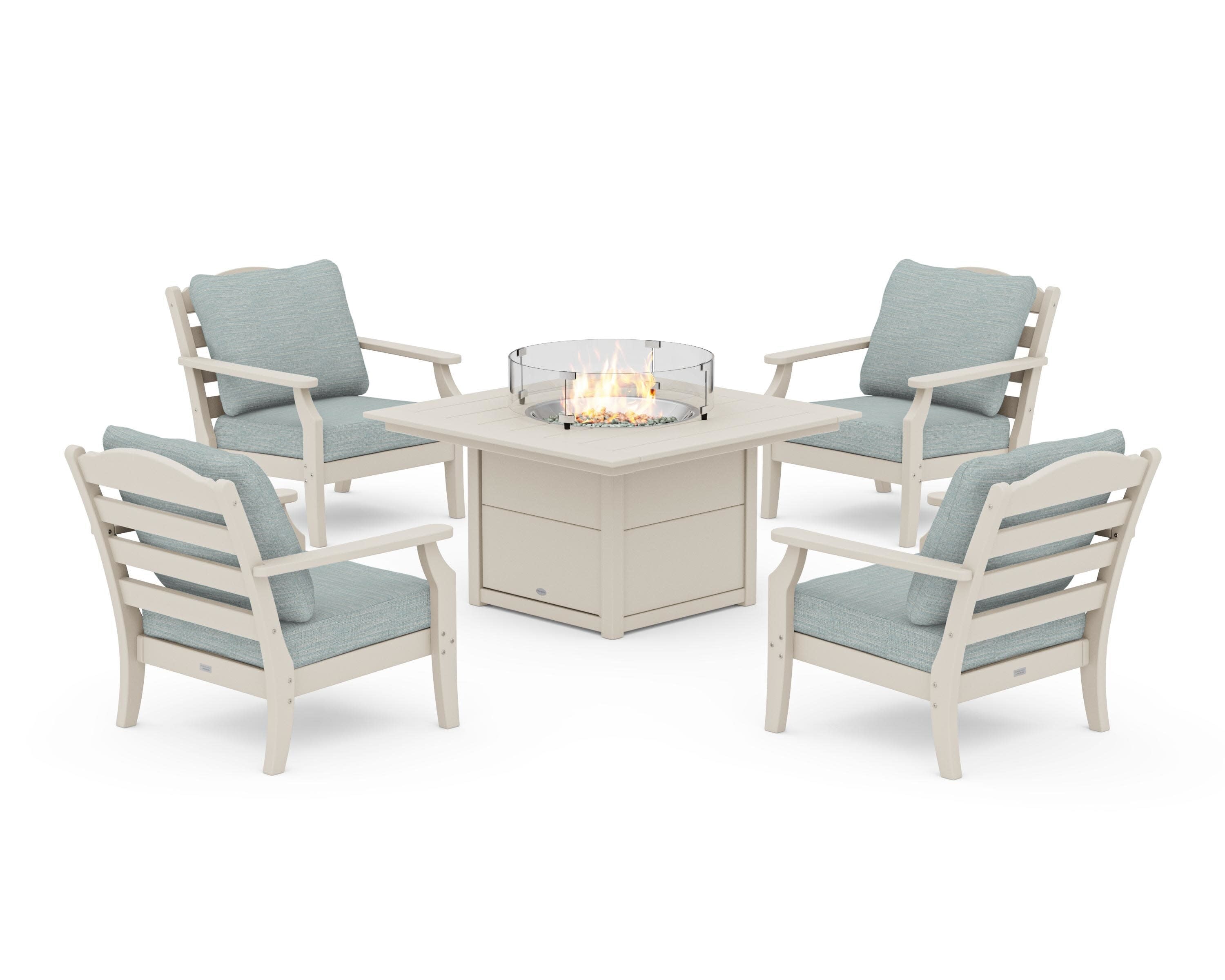 Savannah 5-Piece Deep Seating Set with Fire Pit Table in Sand / Soothe Mist