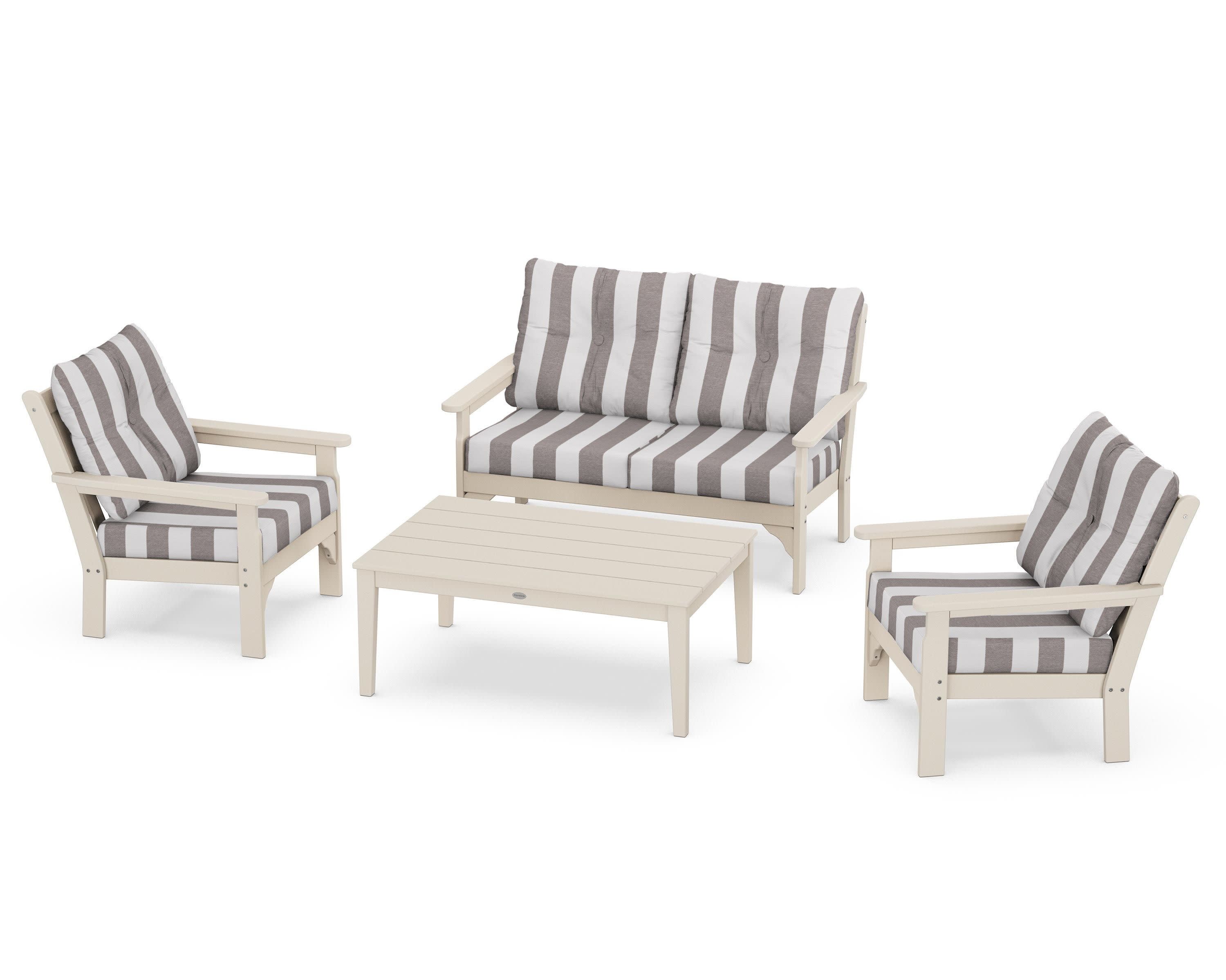 Vineyard 4-Piece Deep Seating Set in Sand / Cabana Stripe Grey Mist