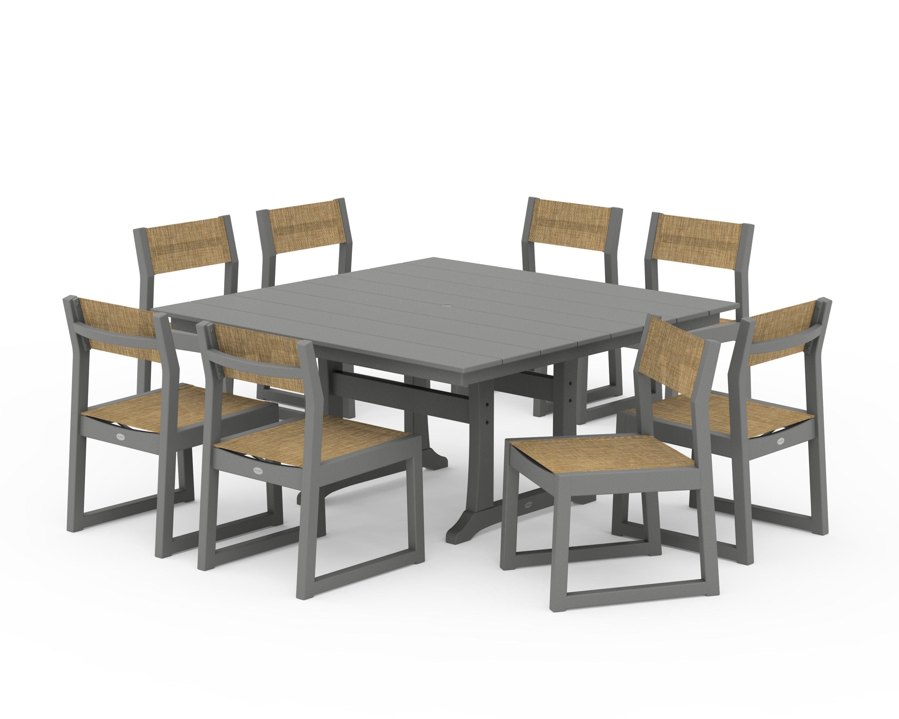 EDGE Sling Side Chair 9-Piece Farmhouse Trestle Dining Set in Slate Grey / Burlap Sling