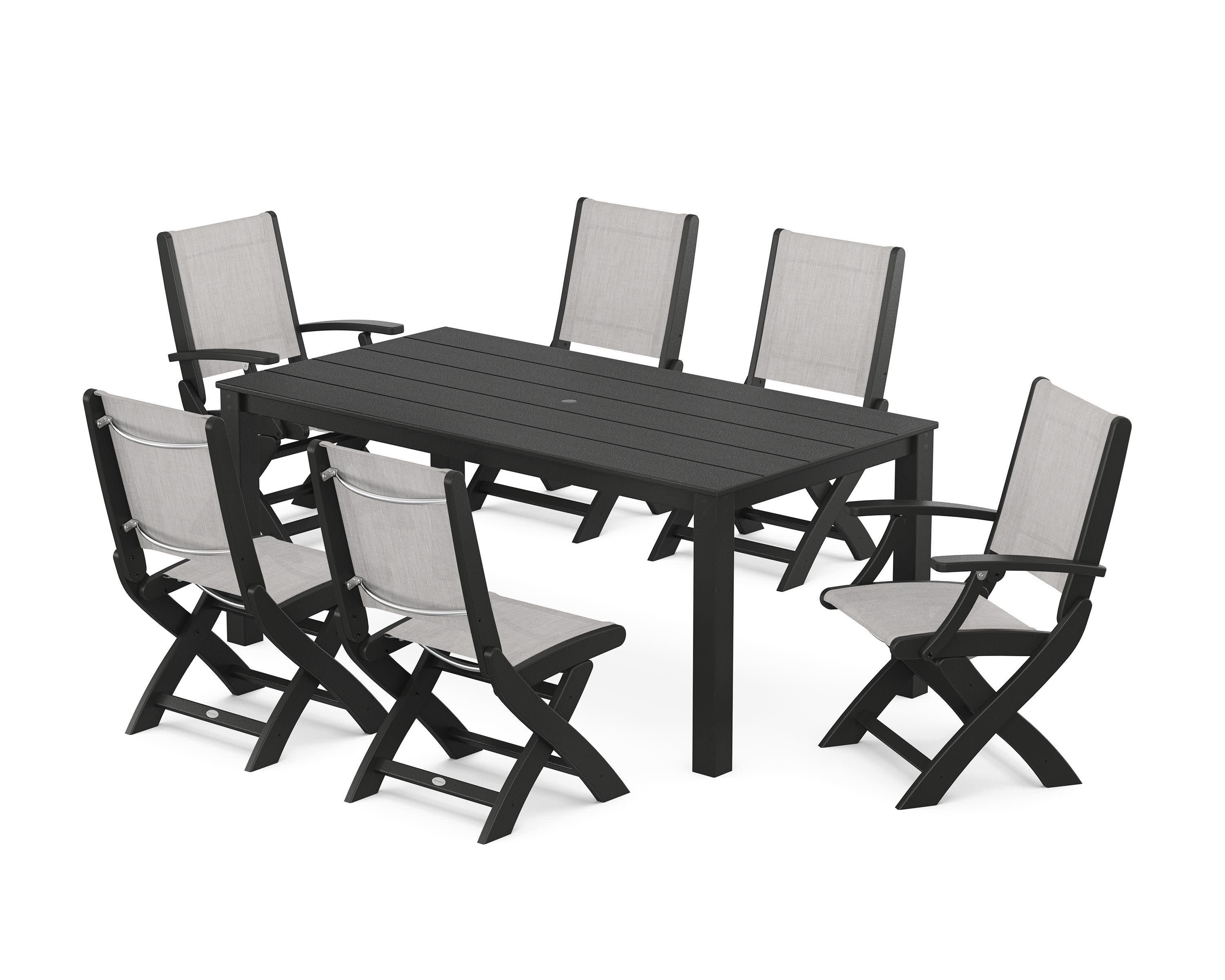 Coastal Folding Chair 7-Piece Parsons Dining Set in Black / Parchment Sling