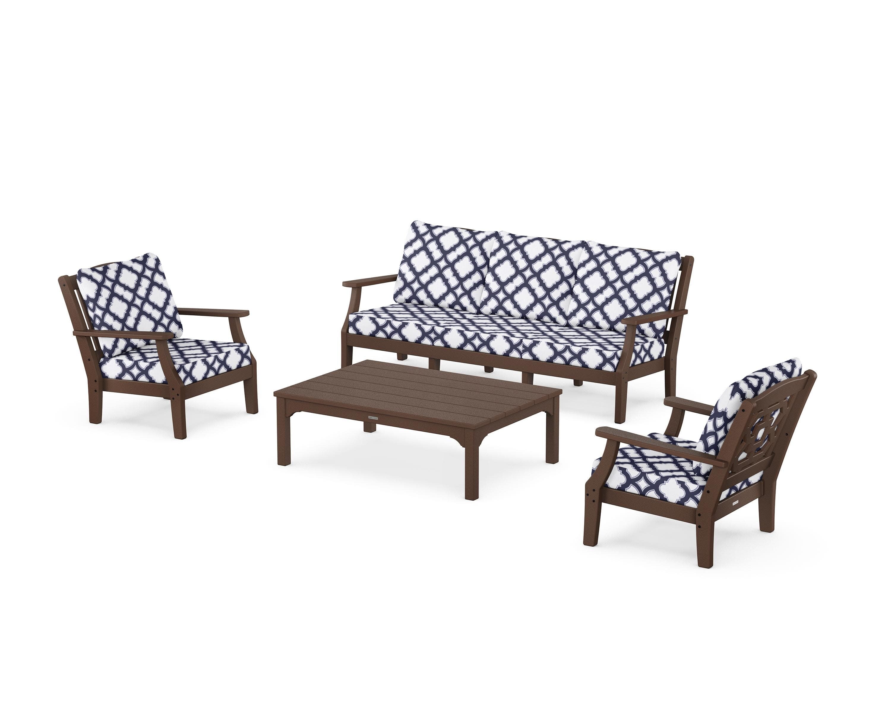 Chinoiserie 4-Piece Deep Seating Set with Sofa in Mahogany / Trellis Navy