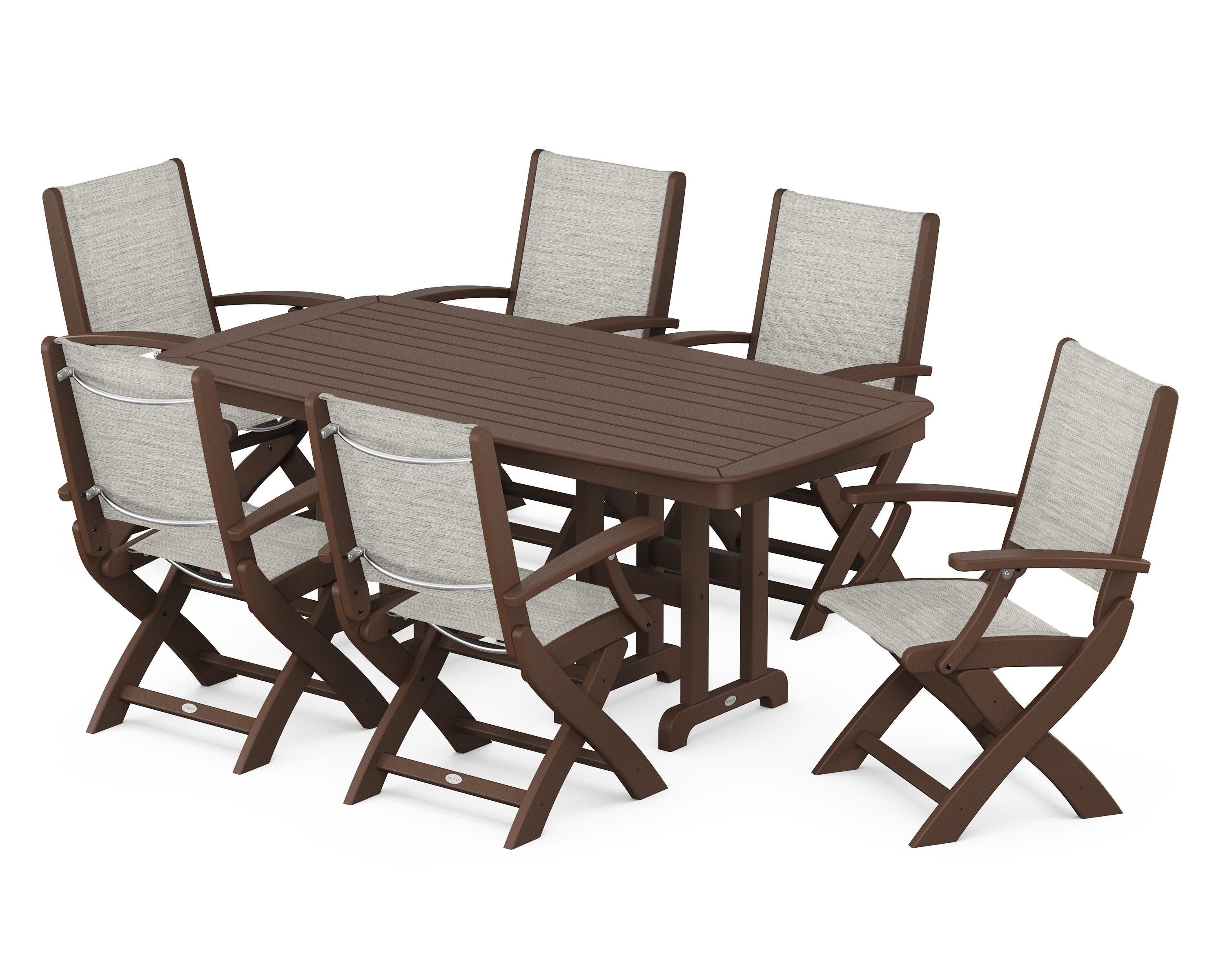 Coastal Folding Arm Chair 7-Piece Dining Set in Mahogany / Birch Sling
