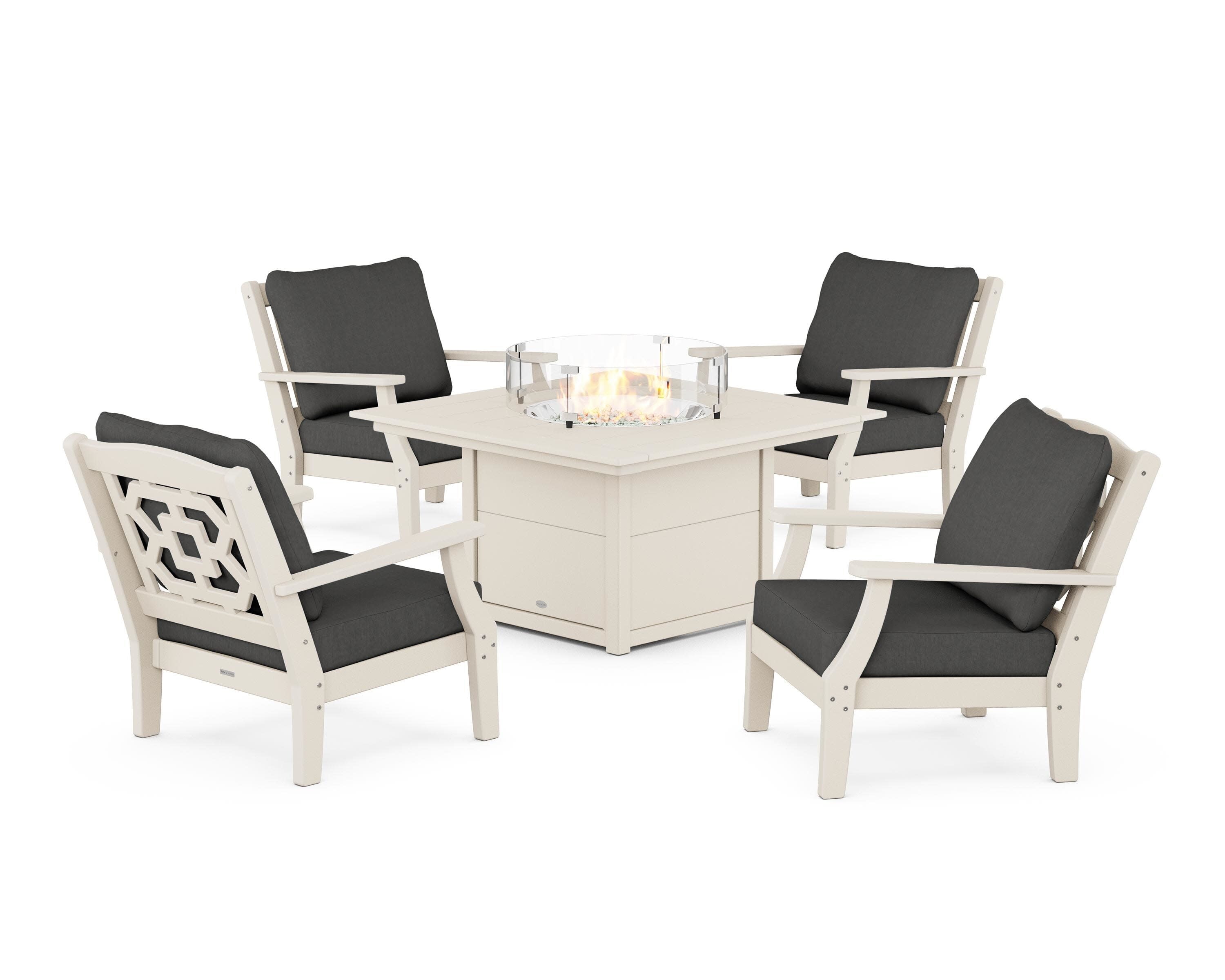 Chinoiserie 5-Piece Deep Seating Set with Fire Pit Table in Sand / Spectrum Carbon