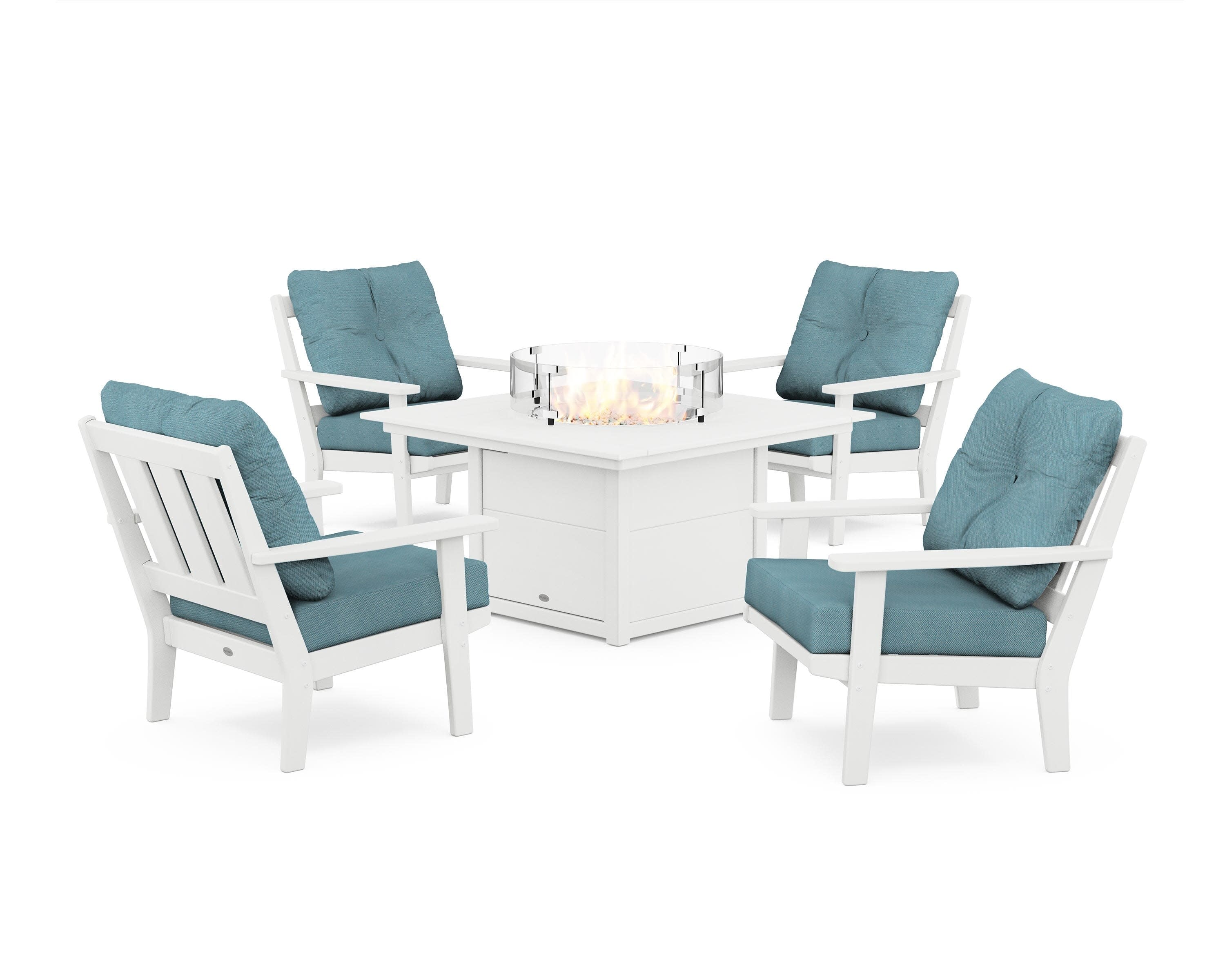Oxford 5-Piece Deep Seating Set with Fire Pit Table in White / Lattice Sky Blue